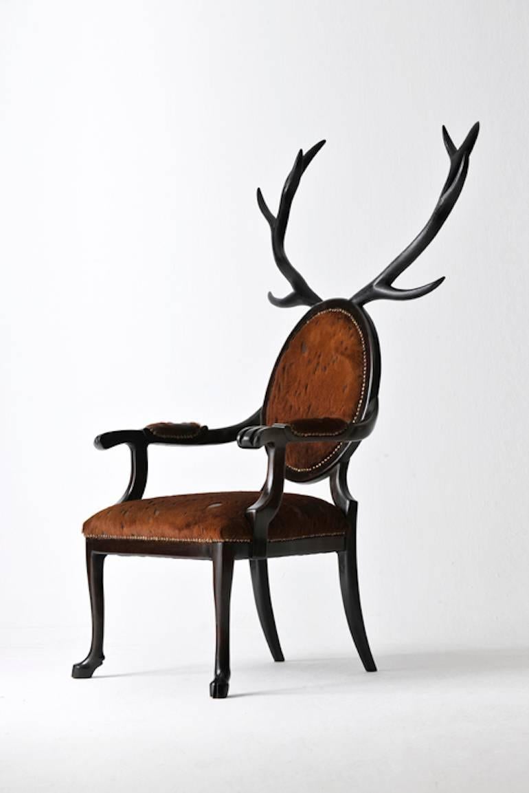 Contemporary Bunny Ears Chair Armchair in Lacquered Wood and Leather For Sale