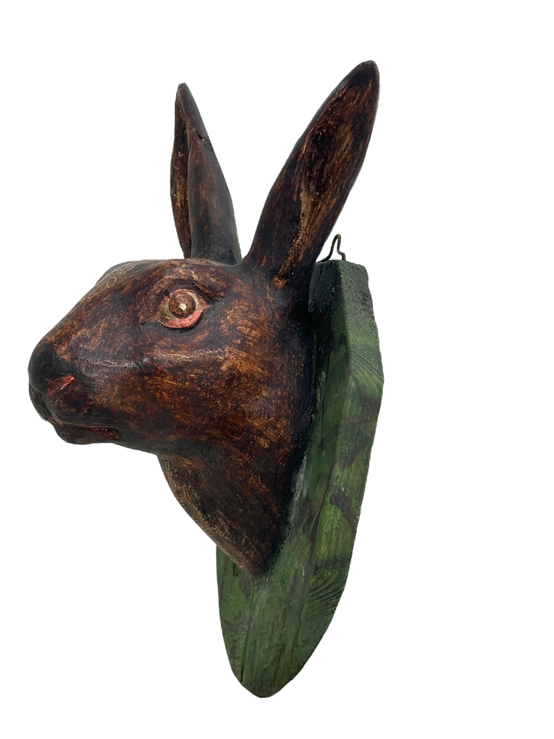 Austrian Bunny Rabbit Head Black Forest Hand Carved Folk Art, 19th Century