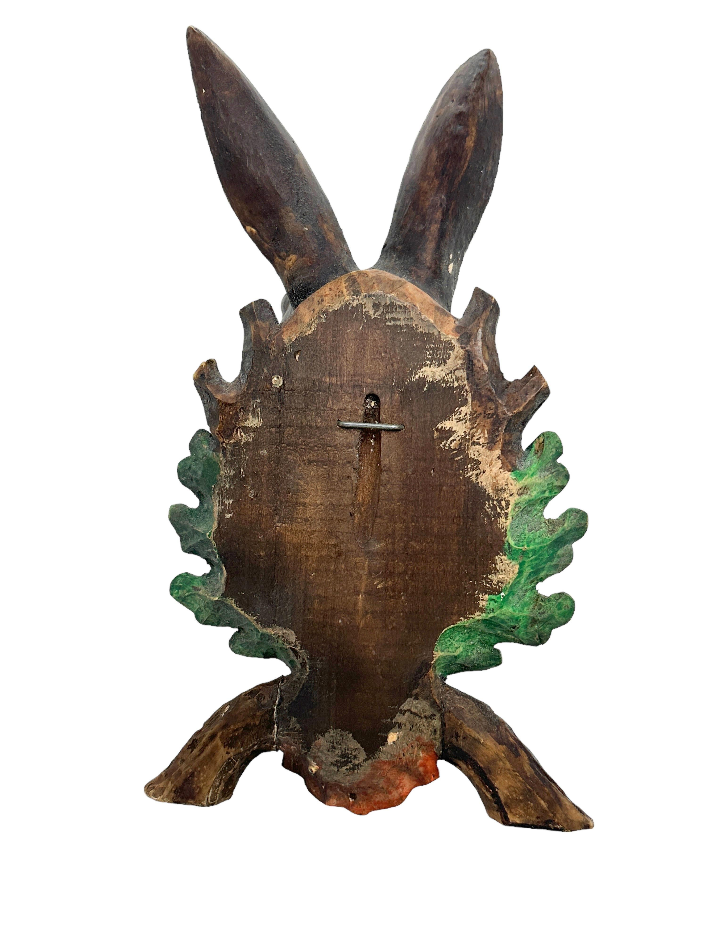 Austrian Bunny Rabbit Head Black Forest Hand Carved Folk Art, 19th Century
