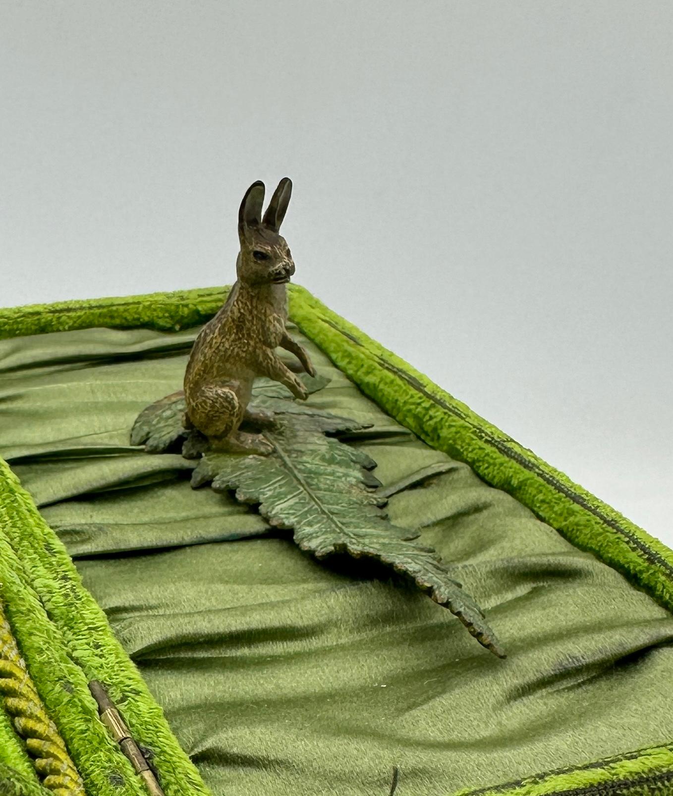 Gilded Age Bunny Rabbit on Fern Leaf Vienna Bronze circa 1900 Easter Bunny Rabbit Geschutzt
