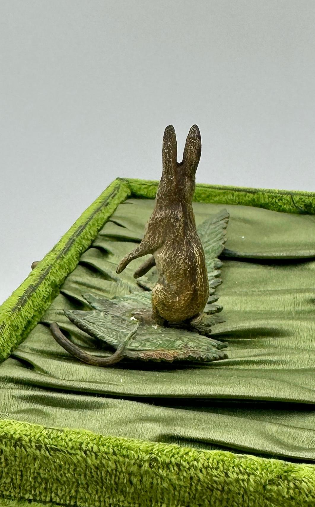 Bunny Rabbit on Fern Leaf Vienna Bronze circa 1900 Easter Bunny Rabbit Geschutzt In Good Condition In New York, NY
