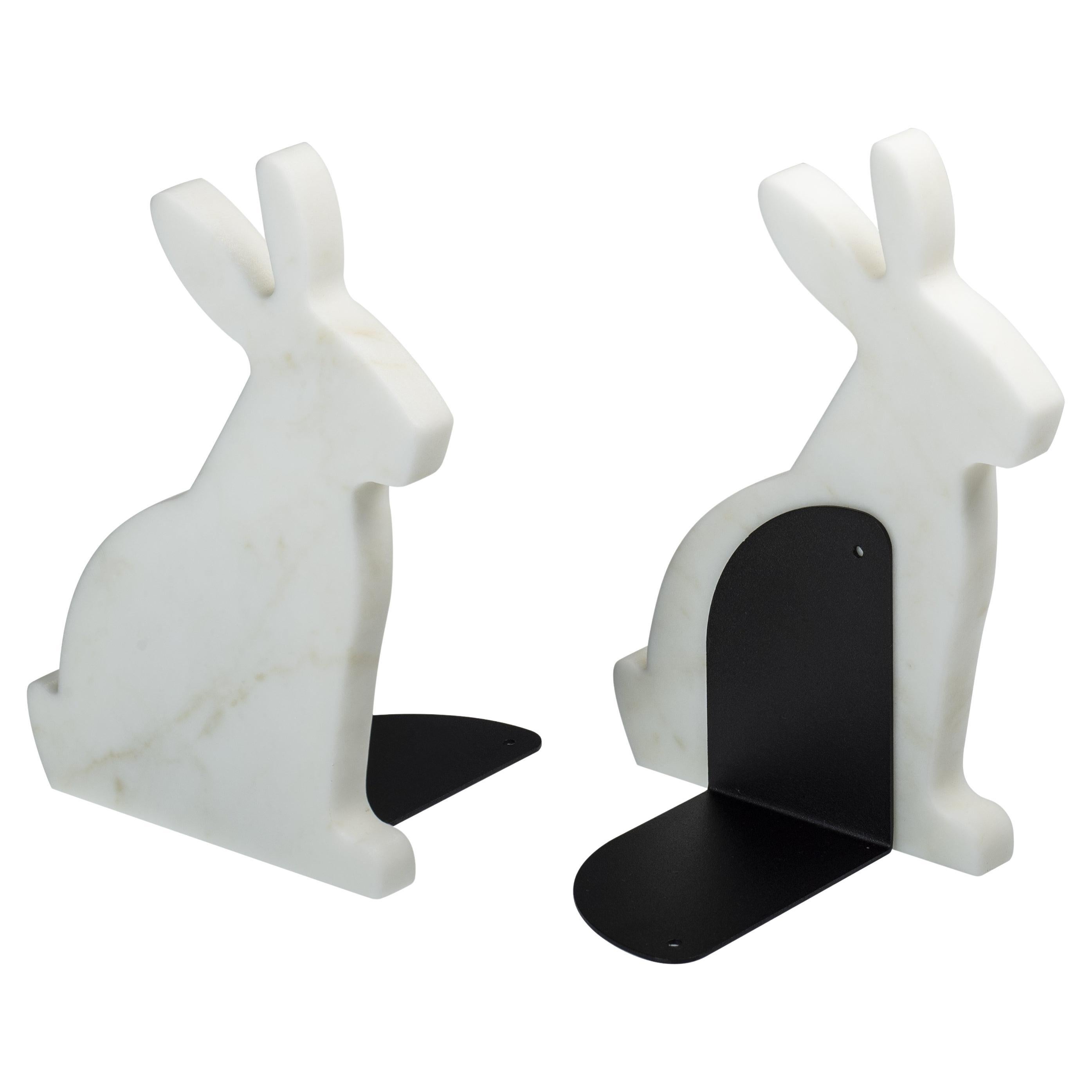 "Bunny" white Carrara marble bookend set in the shape of a rabbit