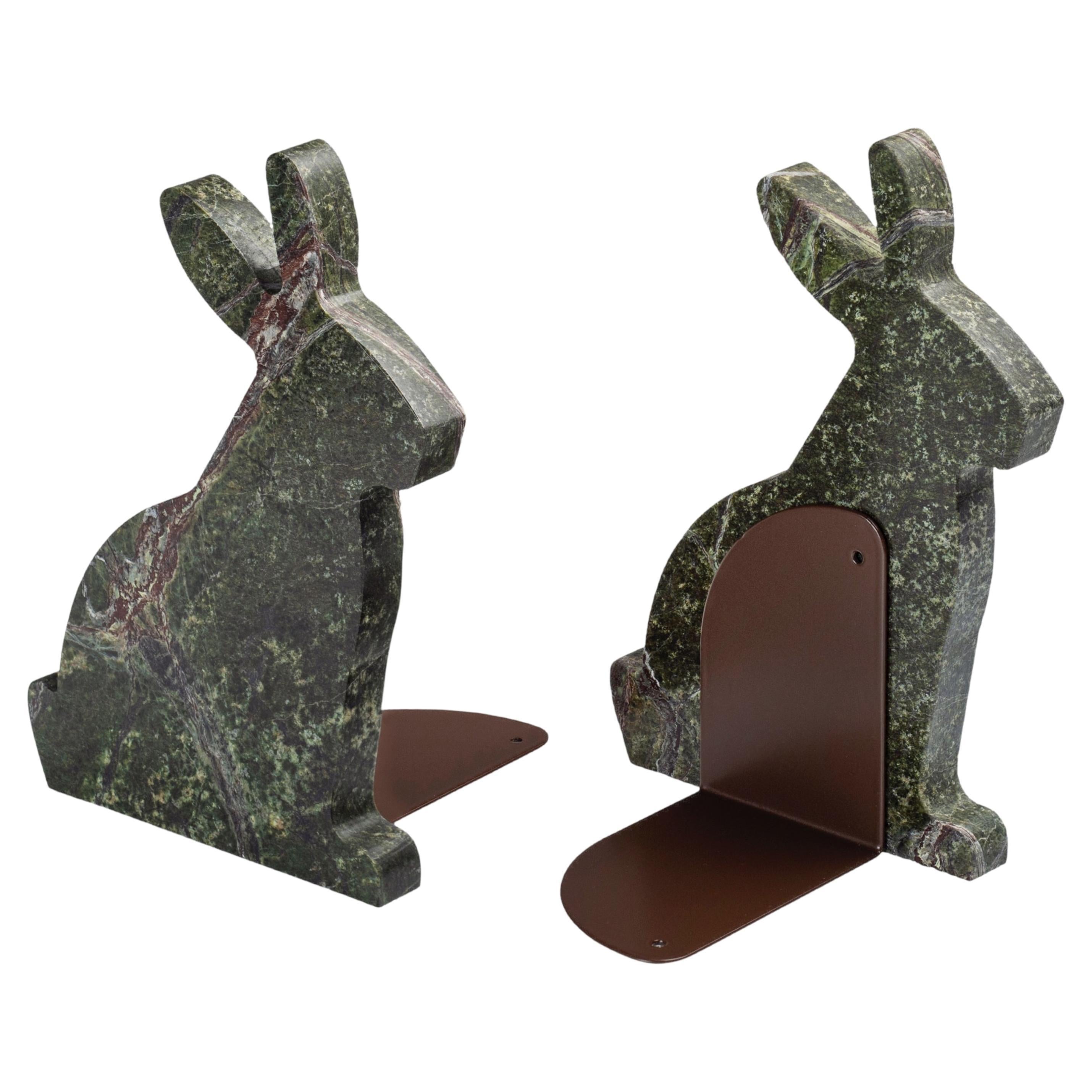 "Bunny" set fermalibri in marmo Picasso Green a forma di coniglio