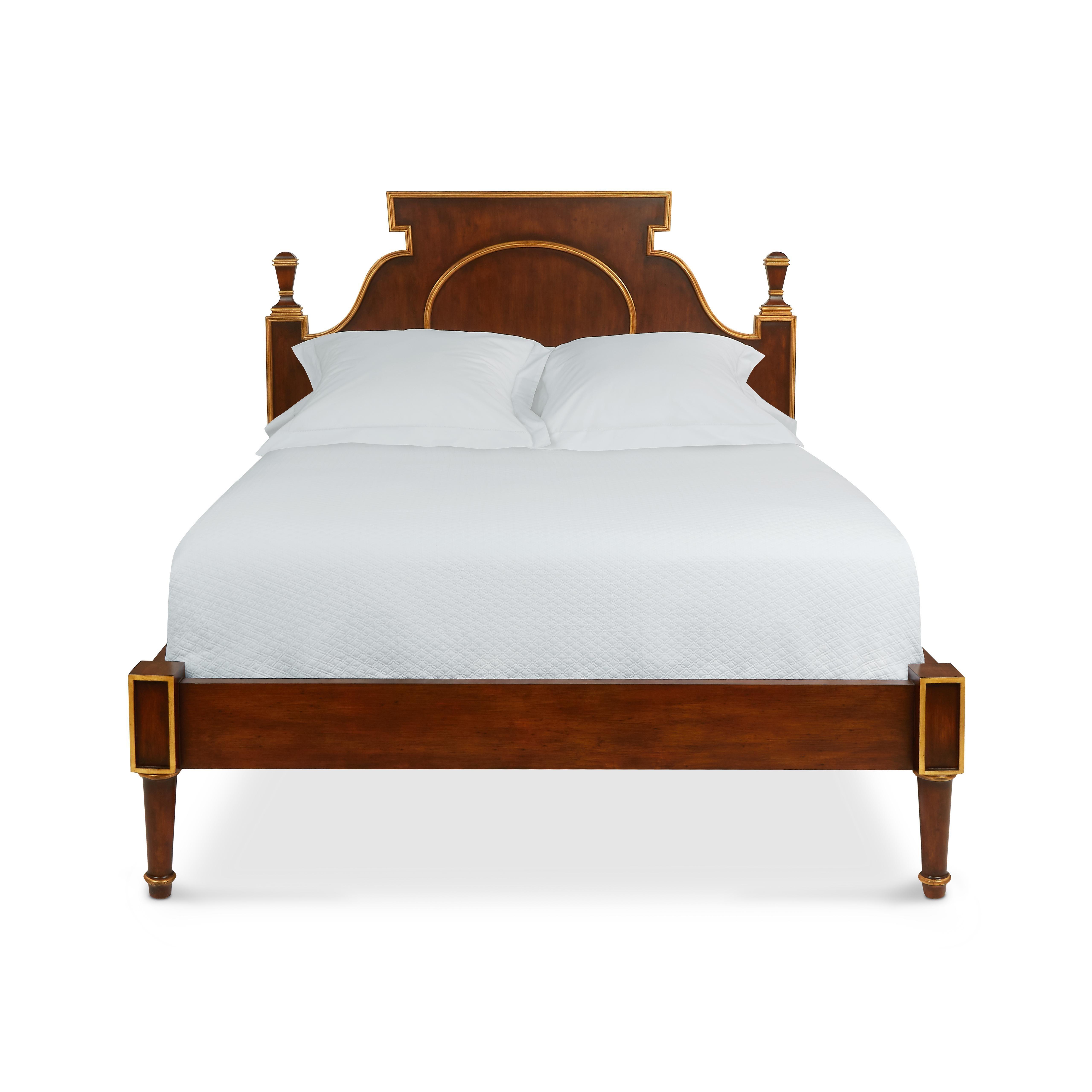 Nineteenth century Italian antique beds inspired our Lucia bed, which features a beautiful faux walnut grain painted finish. Gold detailing along the edges, including the headboard finials and oval medallion, highlight its elegant shape.
