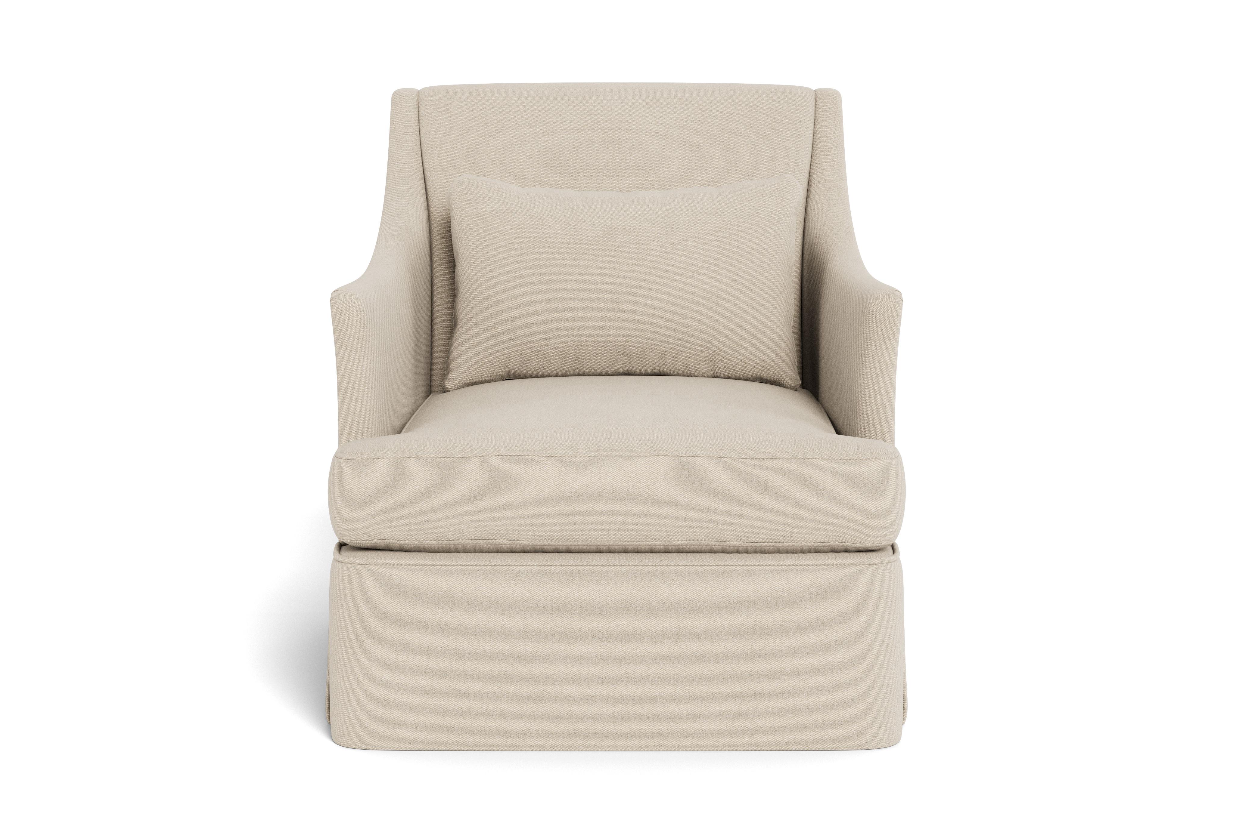 A streamlined armchair that melds the casual appearance of a slipcover with the reassuring elegance of tailored, fitted upholstery. Tight back and single seat cushion. Swivel option available.  Spring down cushions include: individually wrapped