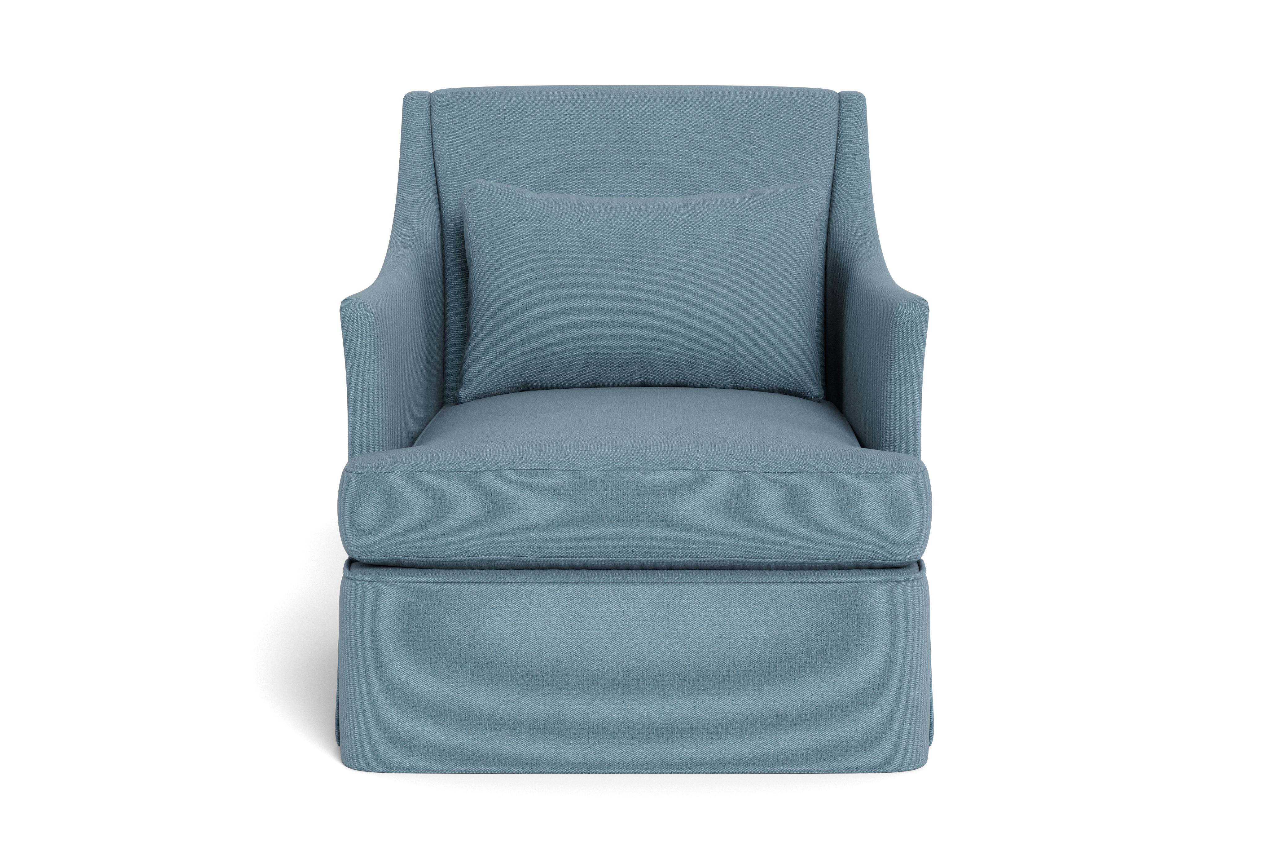 Ein stromlinienförmiger Sessel, der das legere Erscheinungsbild eines Bezugs mit der beruhigenden Eleganz einer maßgeschneiderten, angepassten Polsterung verbindet. Fester Rücken und einzelnes Sitzkissen. Drehbare Option verfügbar.  Die Daunenkissen