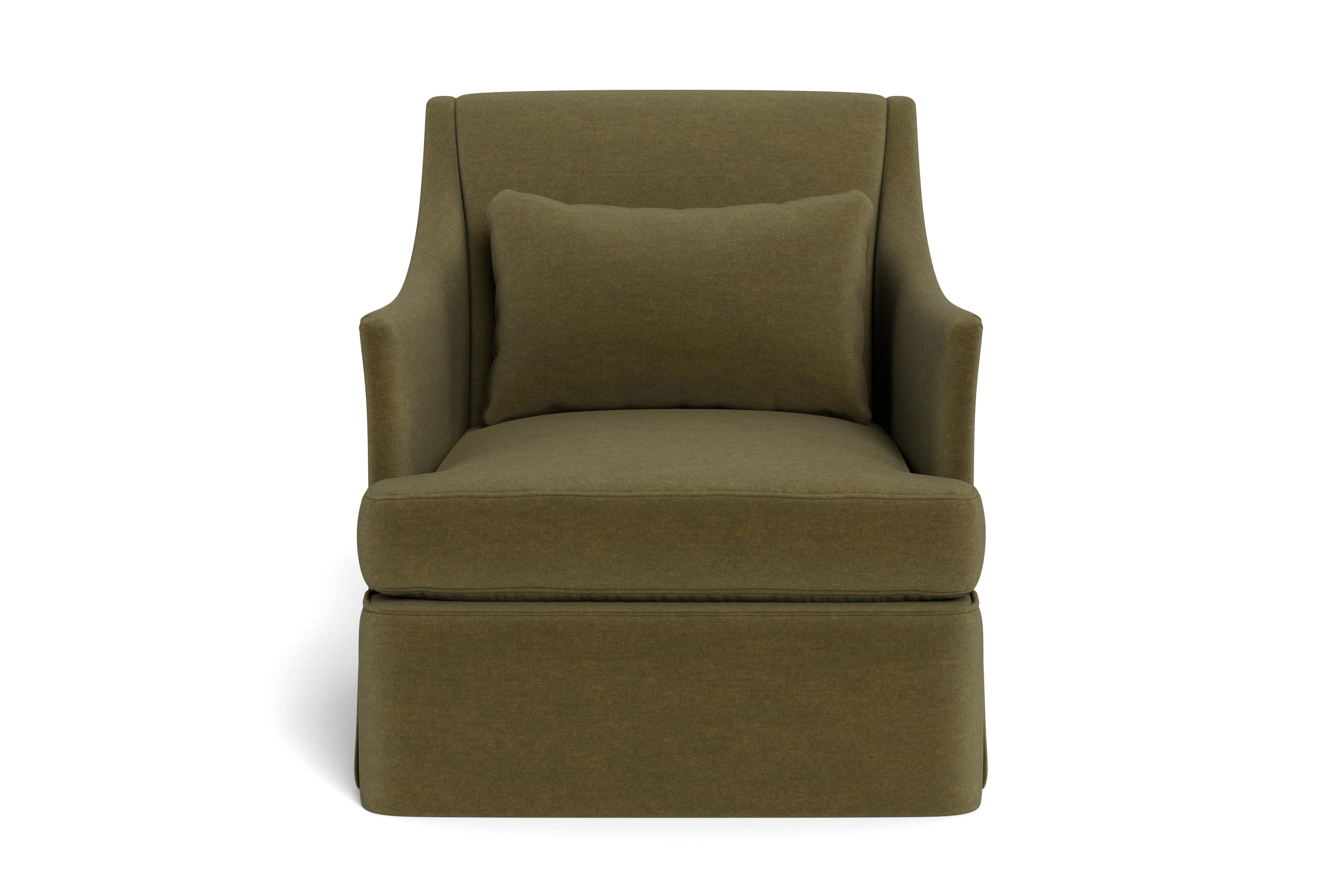 Ein stromlinienförmiger Sessel, der das legere Erscheinungsbild eines Bezugs mit der beruhigenden Eleganz einer maßgeschneiderten, angepassten Polsterung verbindet. Fester Rücken und einzelnes Sitzkissen. Drehbare Option verfügbar.  Die Daunenkissen