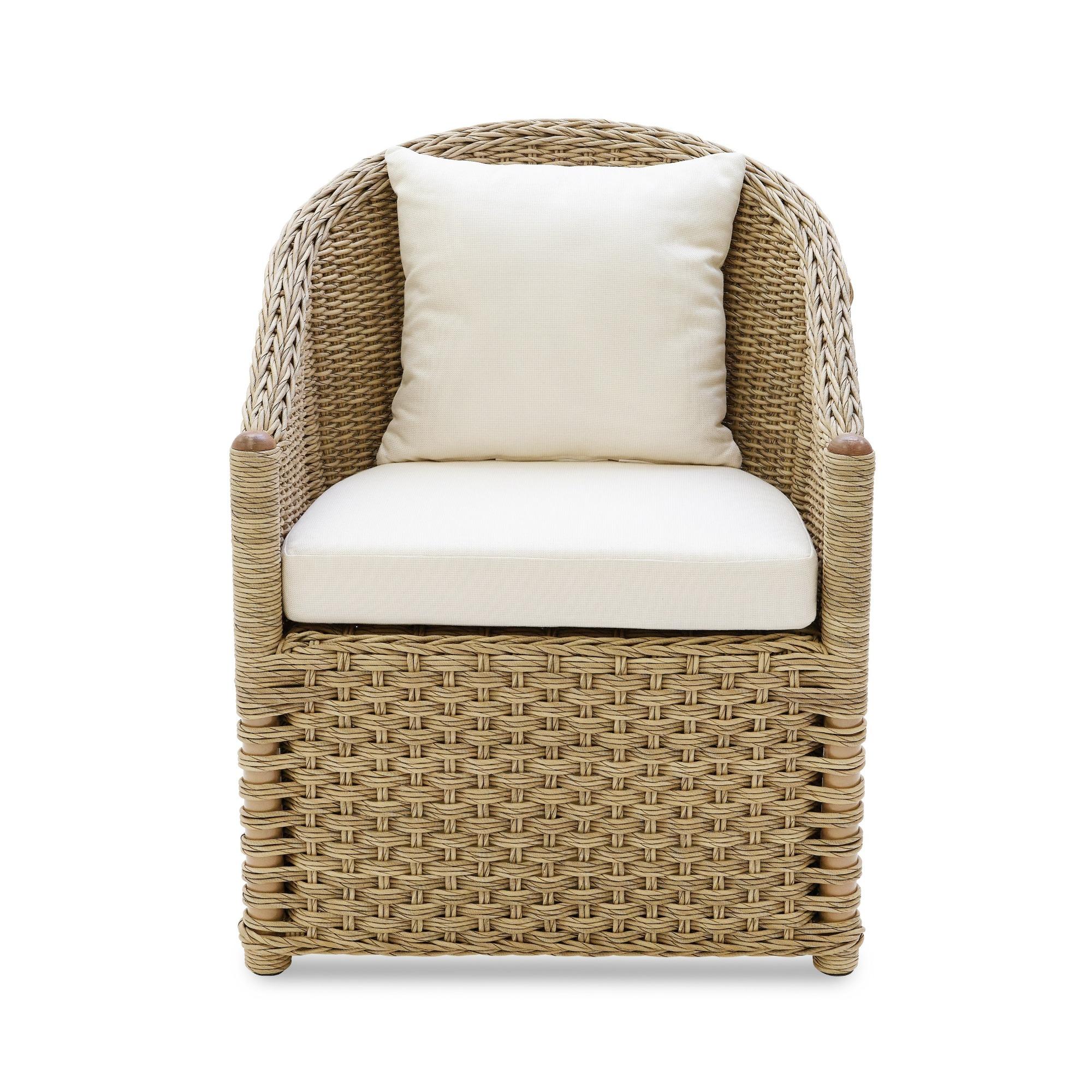 Inspired by the form a of traditional crofter’s chair, our new all-weather wicker group has a fantastic, indoor-outdoor finish with a textured hand. A curved back, with canted supports, is surrounded by a tight, smaller wickerwork weave that