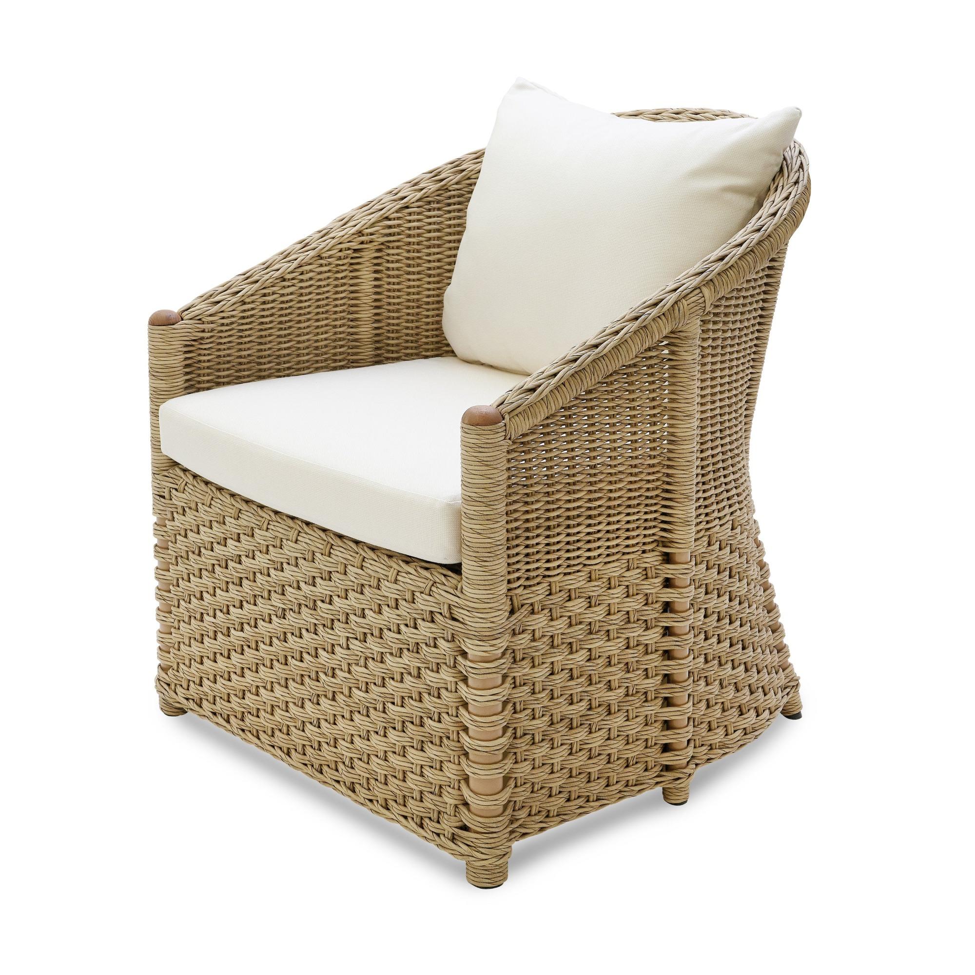 Inspired by the form a of traditional crofter’s chair, our new all-weather wicker group has a fantastic, indoor-outdoor finish with a textured hand. A curved back, with canted supports, is surrounded by a tight, smaller wickerwork weave that