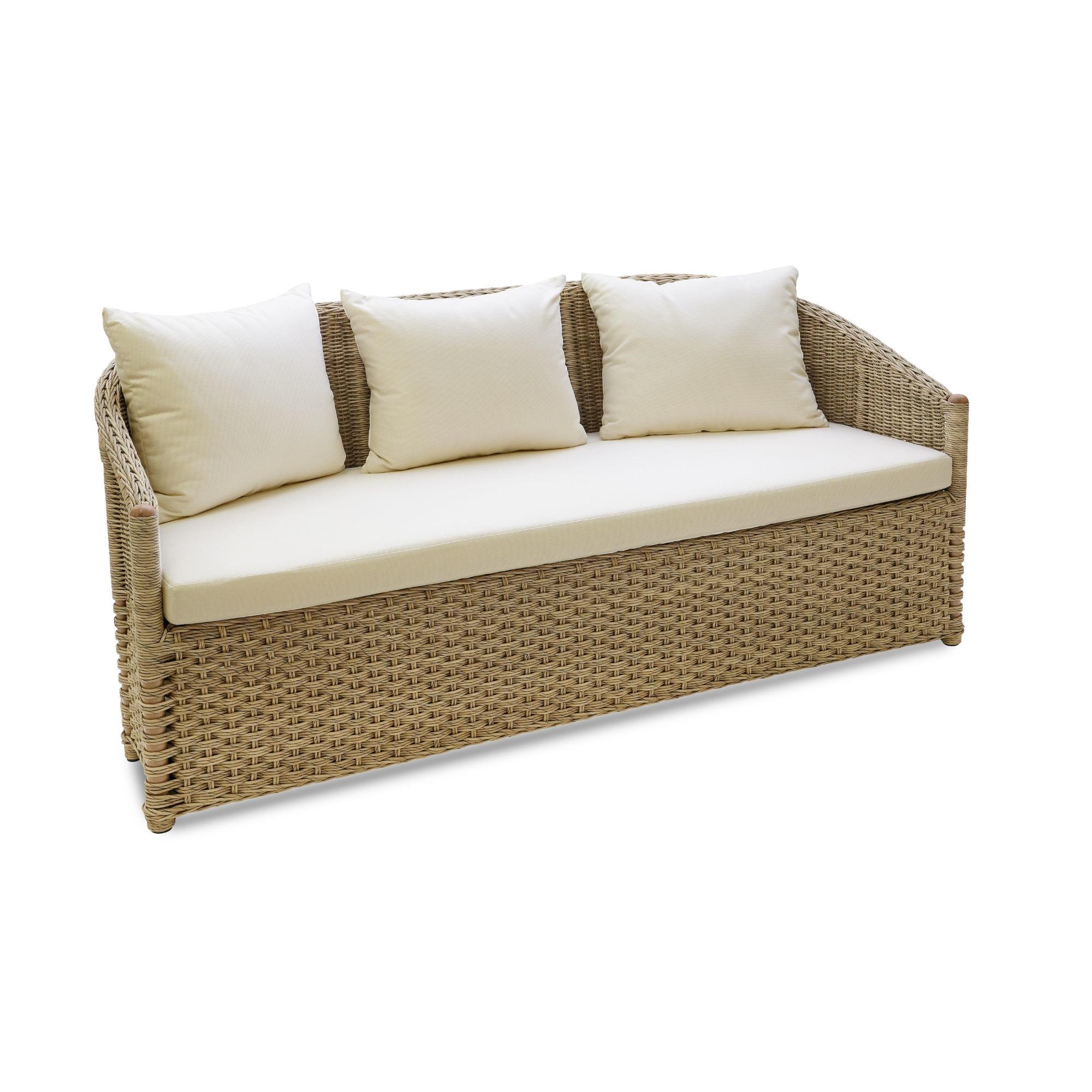 Inspired by the form a of traditional crofter’s chair, our new all-weather wicker group has a fantastic, indoor-outdoor finish with a textured hand. A curved back, with canted supports, is surrounded by a tight, smaller wickerwork weave that