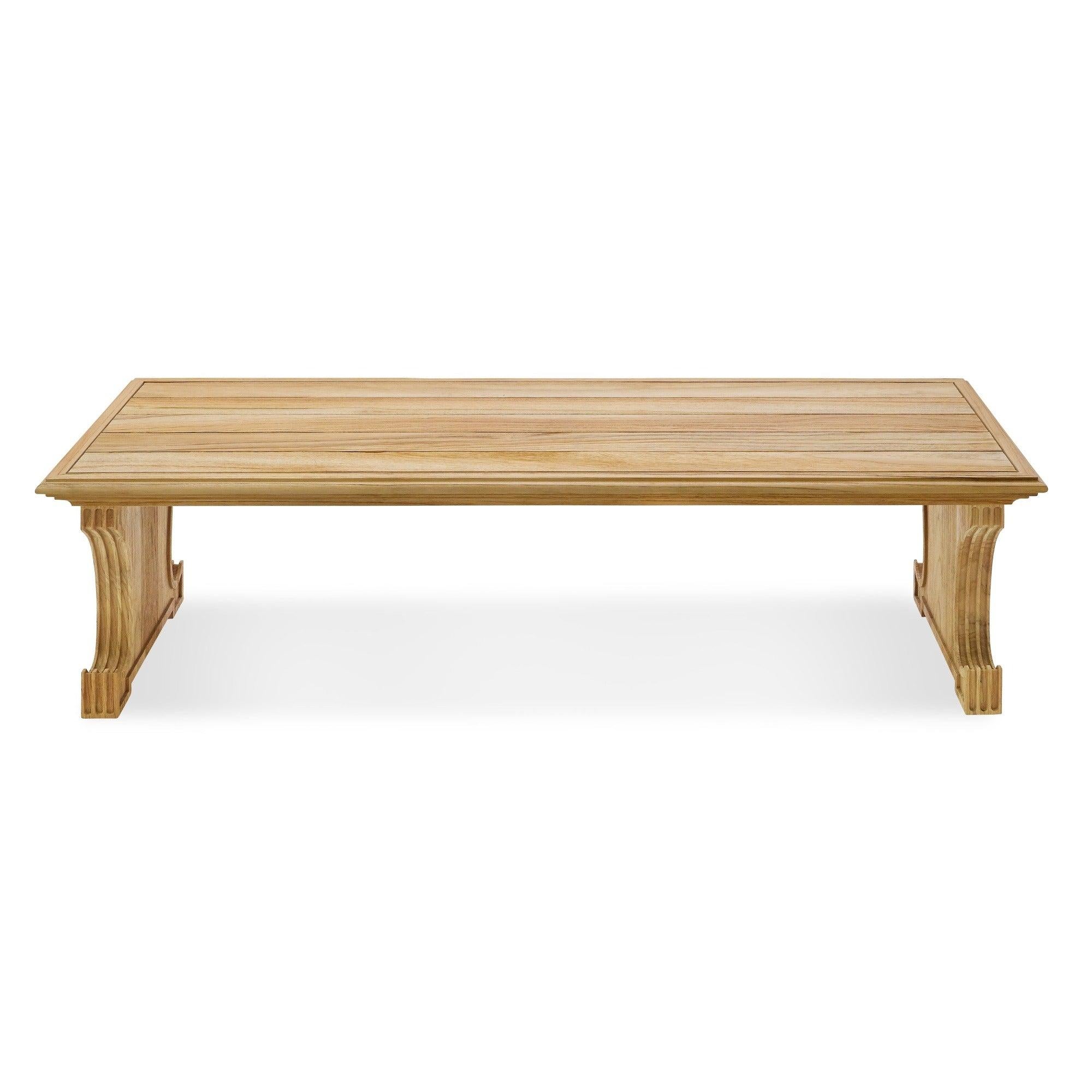 A fresh way of using teak, our new Georgian bench is sandblasted and unstained, celebrating the strength of this durable hardwood. Inspired by an early 20th century English form, with a molded surround encasing the bench slats, trestle