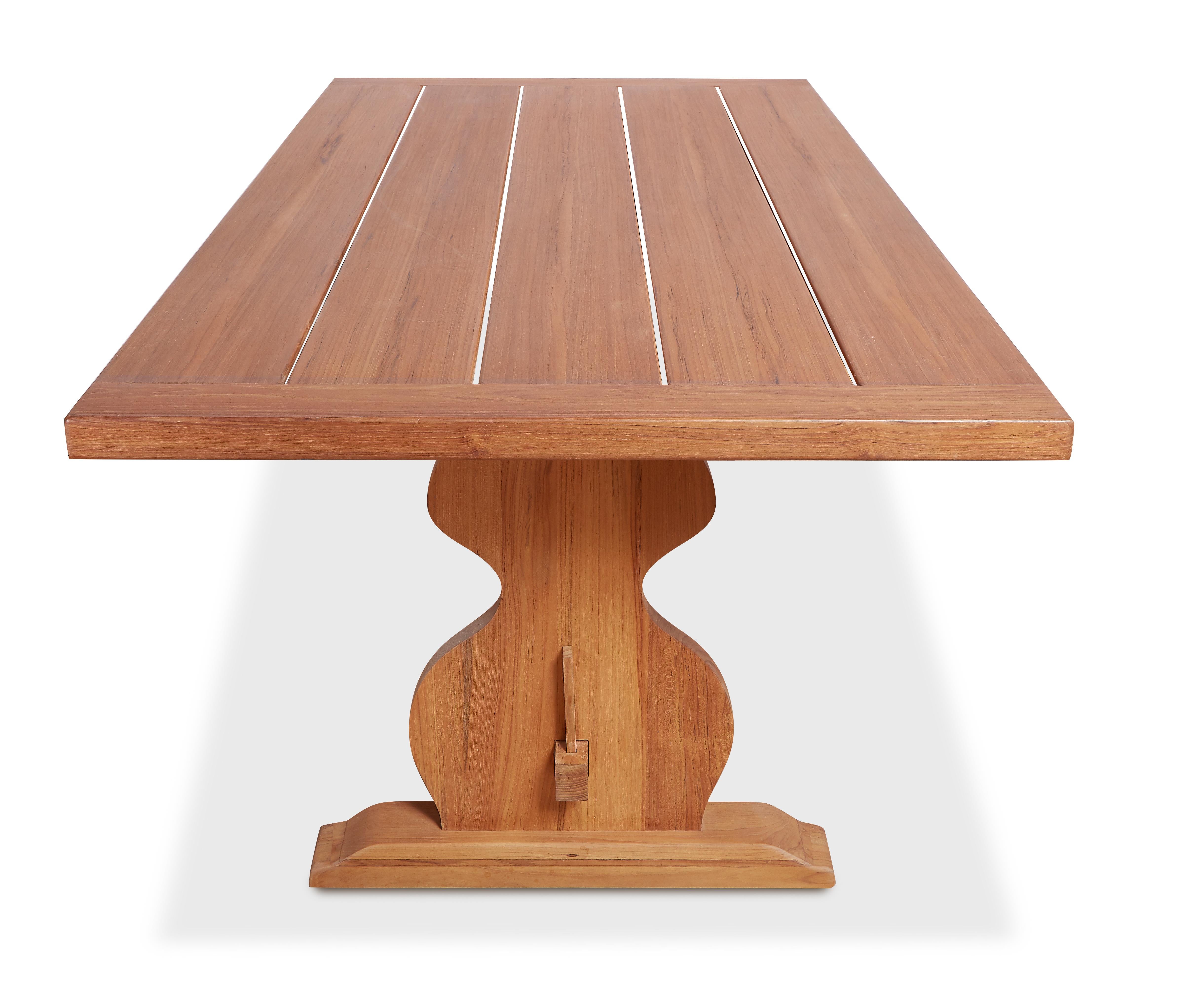 Our Graham Dining table is made of radiant, sustainably sourced teak. Inspired by early 20th century French tables, the Graham features a five-plank top supported by a curvaceous trestle base with mortise and tenon joinery. Exposure to the elements