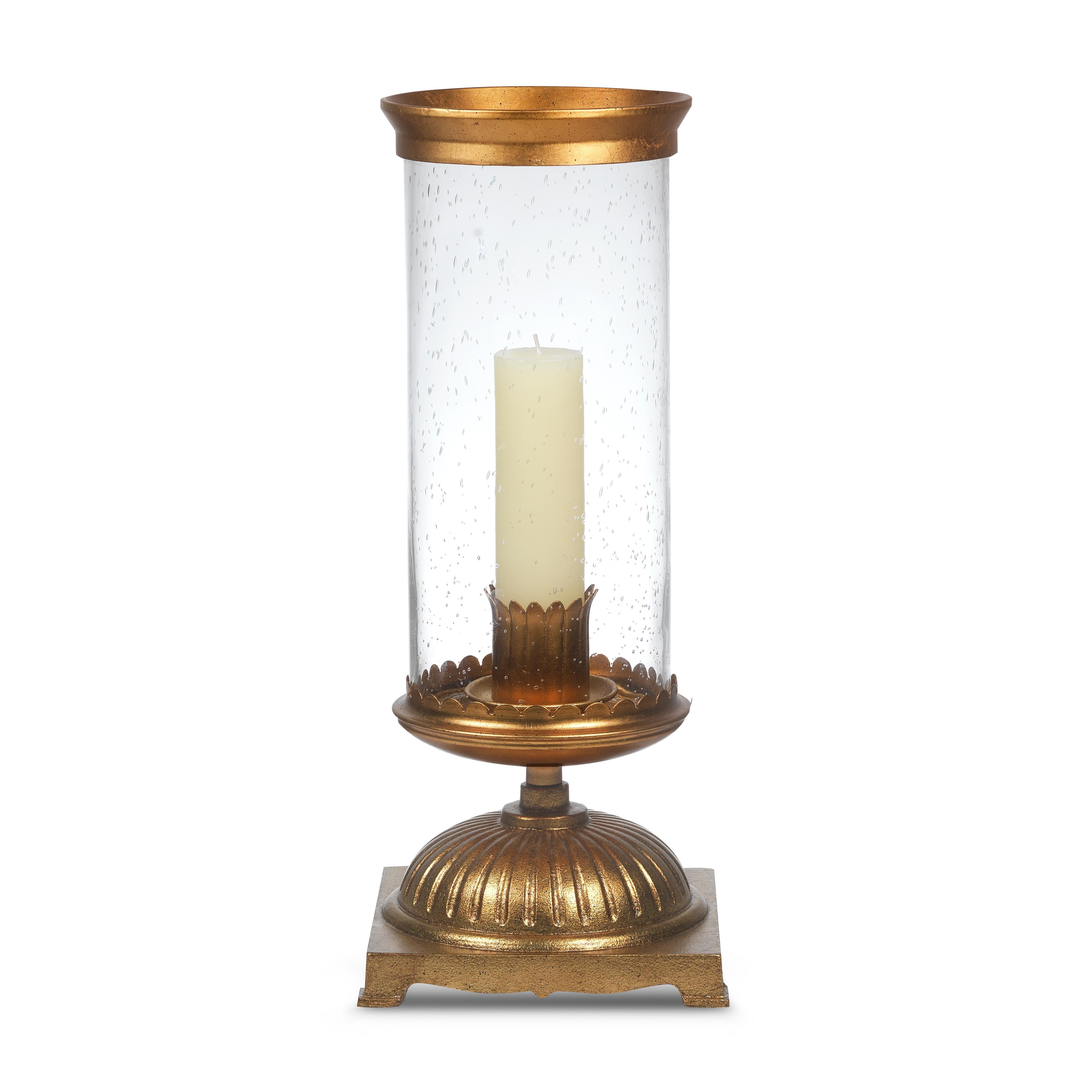 This cast metal hurricane looks stately alone or in pairs on a mantel or console. Inspired by a 1940’s form it boasts a handblown glass shade and an antique gilt finish. The bobesche accommodates a 2” diameter candle (not included).
