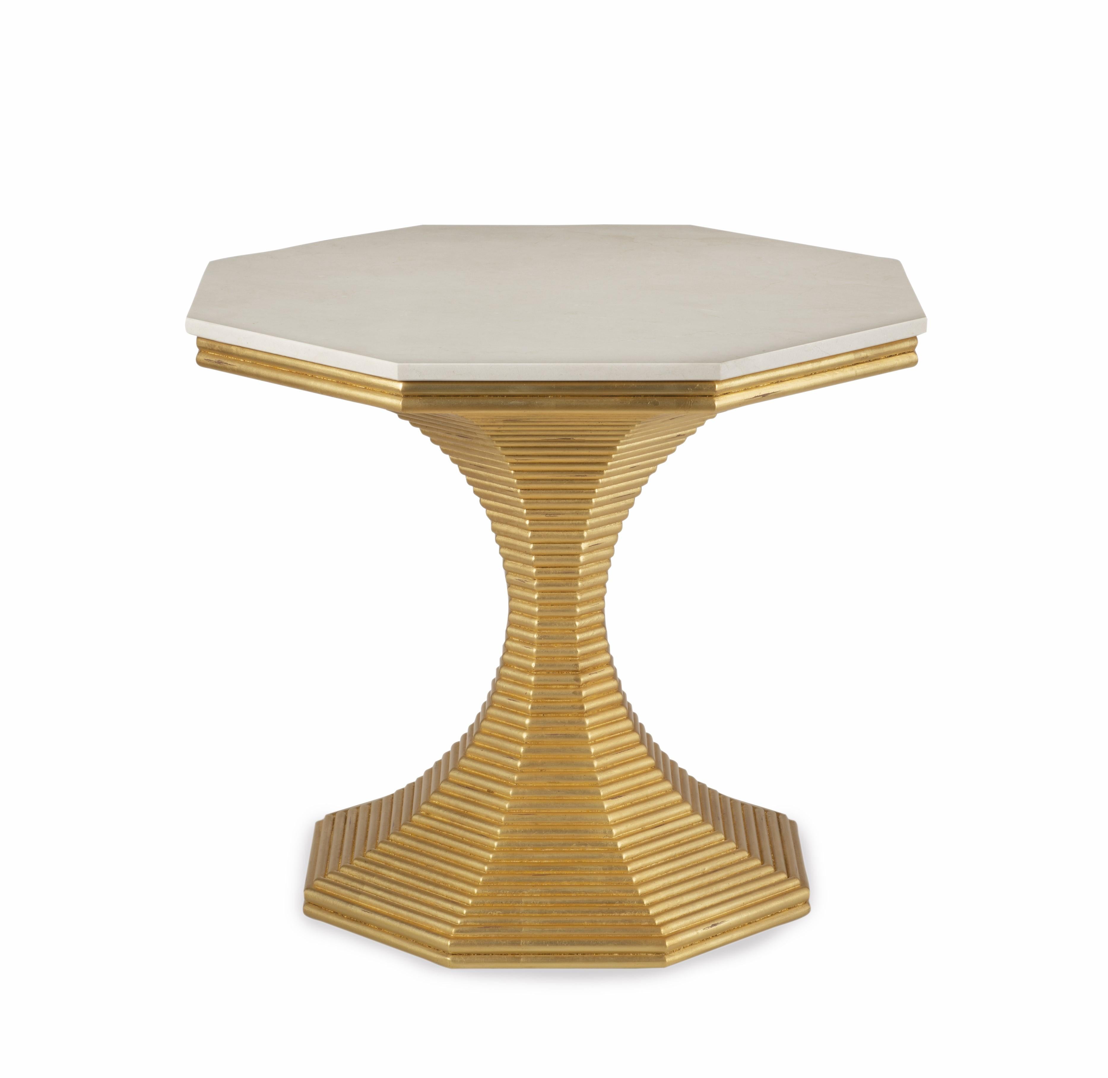 The Hourglass Table’s stone top is crafted of Crema Marfil marble, a material with unique and handsome variations. It is well-regarded for its beautiful cream color with light brown undertones as well as for its delicate veining and unique