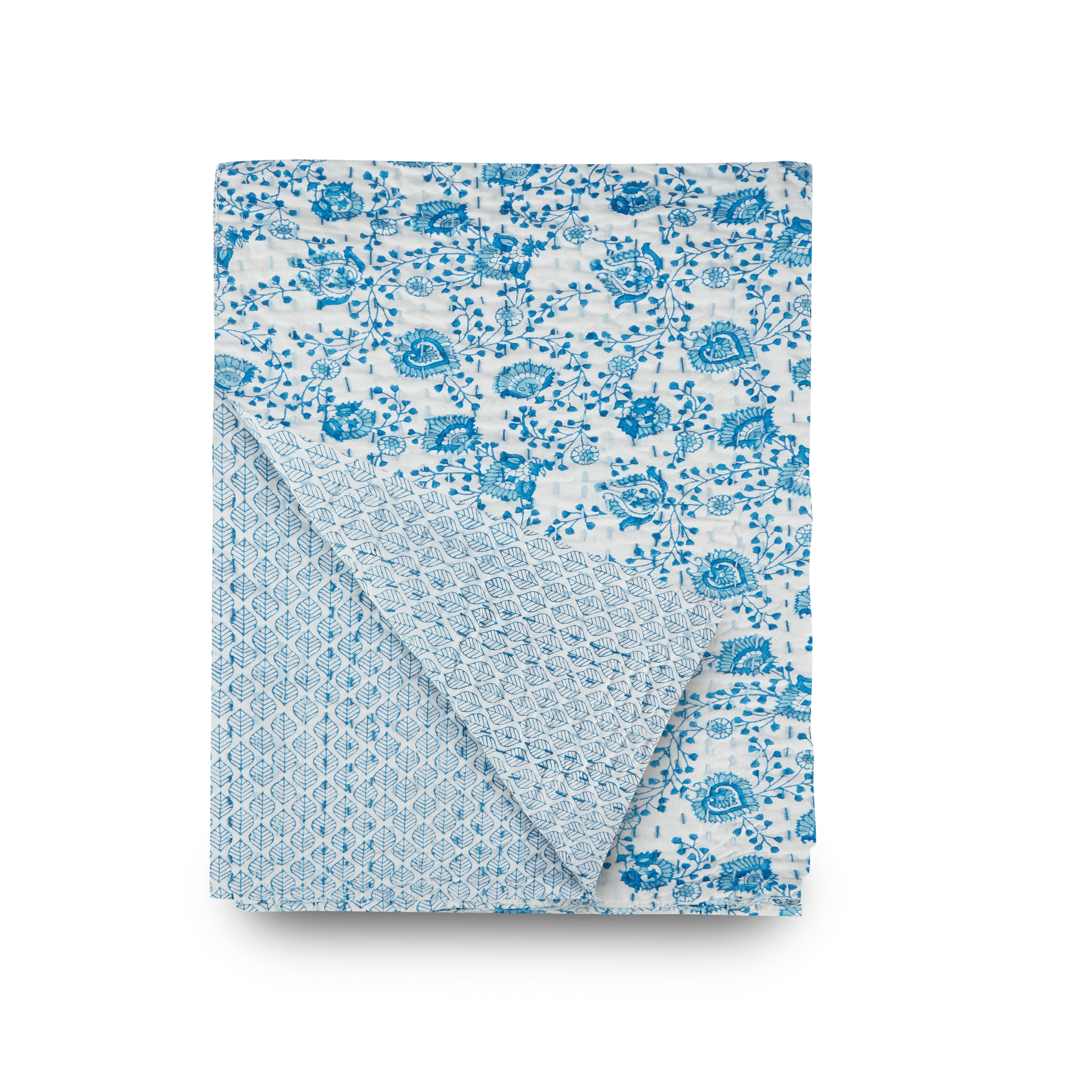 A soft, hand blocked reversible throw in blue and white, with coordinating blue stitching. Reversible; one side with a geometric leaf repeat, the other with an exuberant, crisp floral. Available in three sizes: throw, Queen, King. Please carefully
