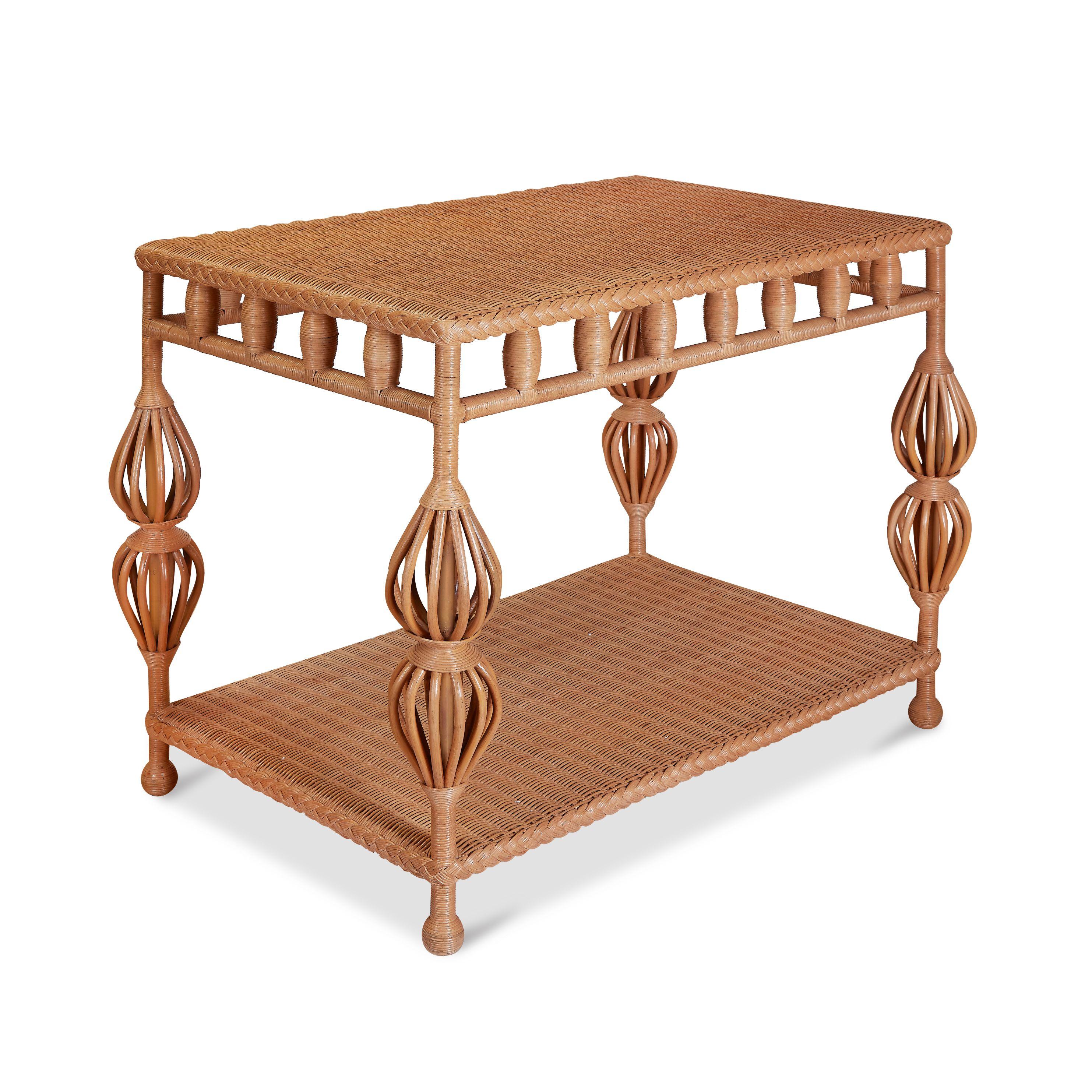 Birdcage legs give extra flair to our Kenan side table, with braiding around its top and lower shelf, the whole atop wicker-ball feet. Ideally scaled for use as a bedside table or beside your favorite sofa.

Top: 32