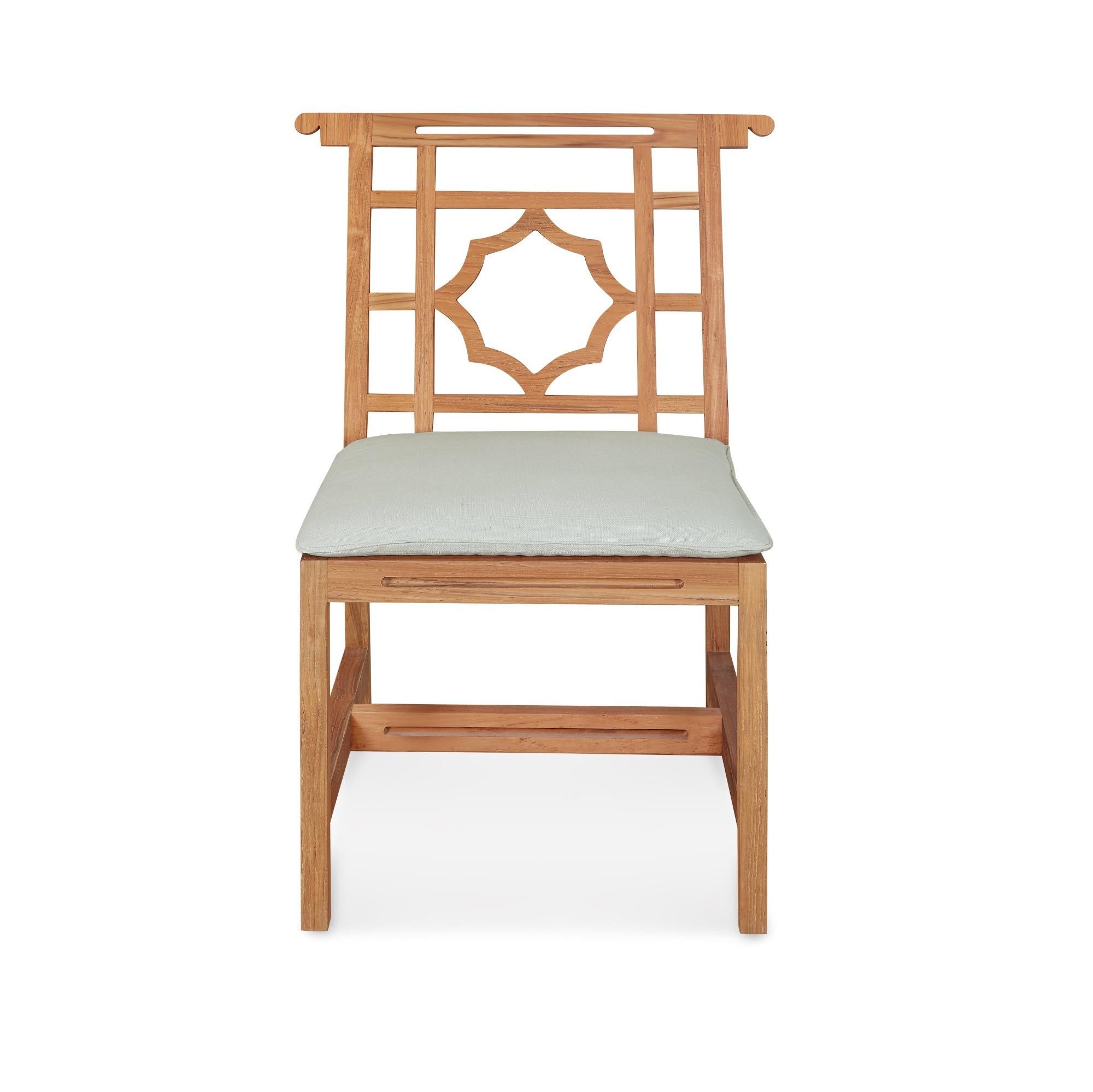 The Lewis Side Chair was inspired by Georgian-era Chinese Chippendale style. Made of sustainably sourced teak, it's a great choice indoors or out. Exposure to the elements will help reveal teak’s graceful ability to silver with time.

Seat