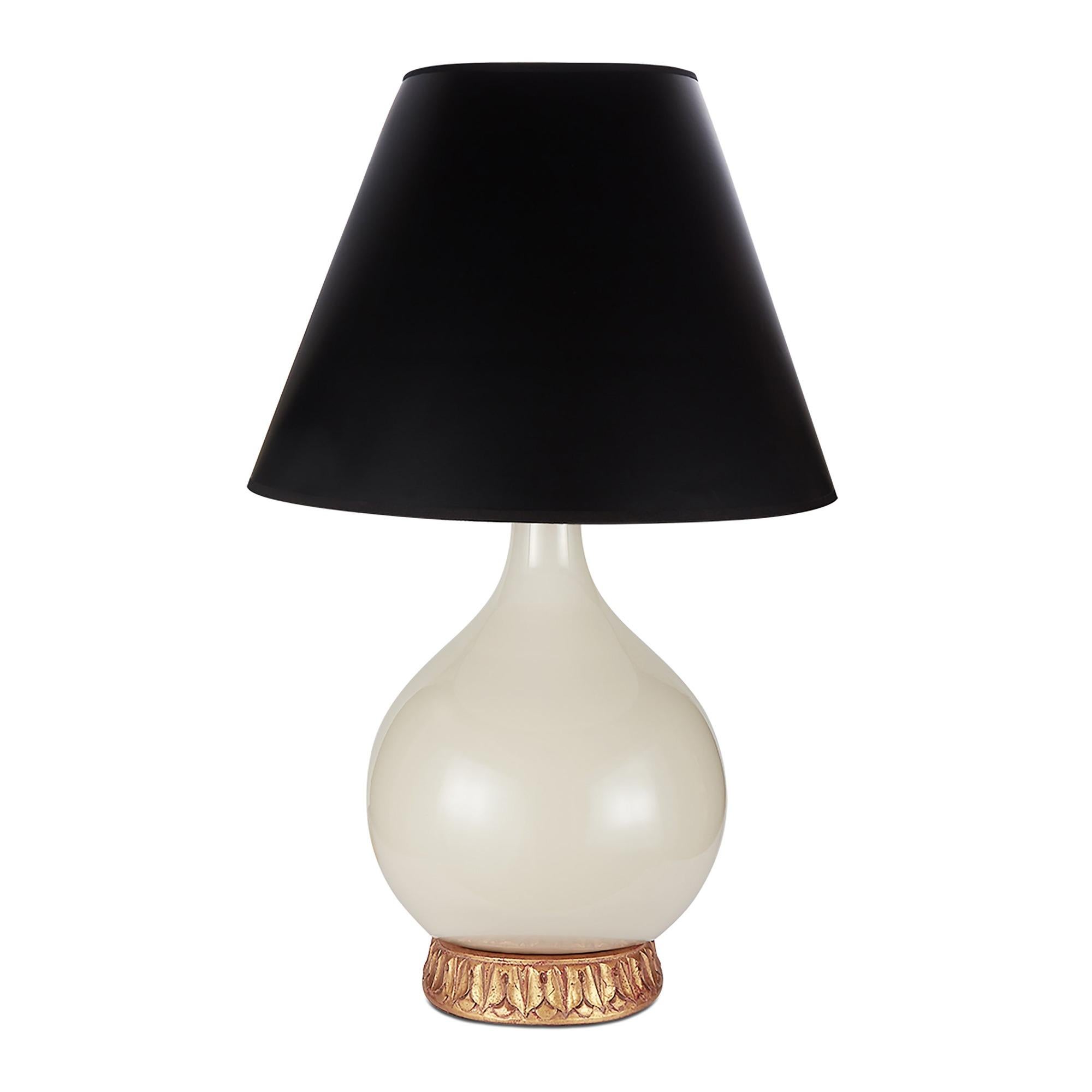 Simple et majestueux - un abat-jour empire noir à dos dur avec une doublure en papier blanc. Adapté à presque toutes les lampes de table de Bunny Williams Home.

Pente de 18