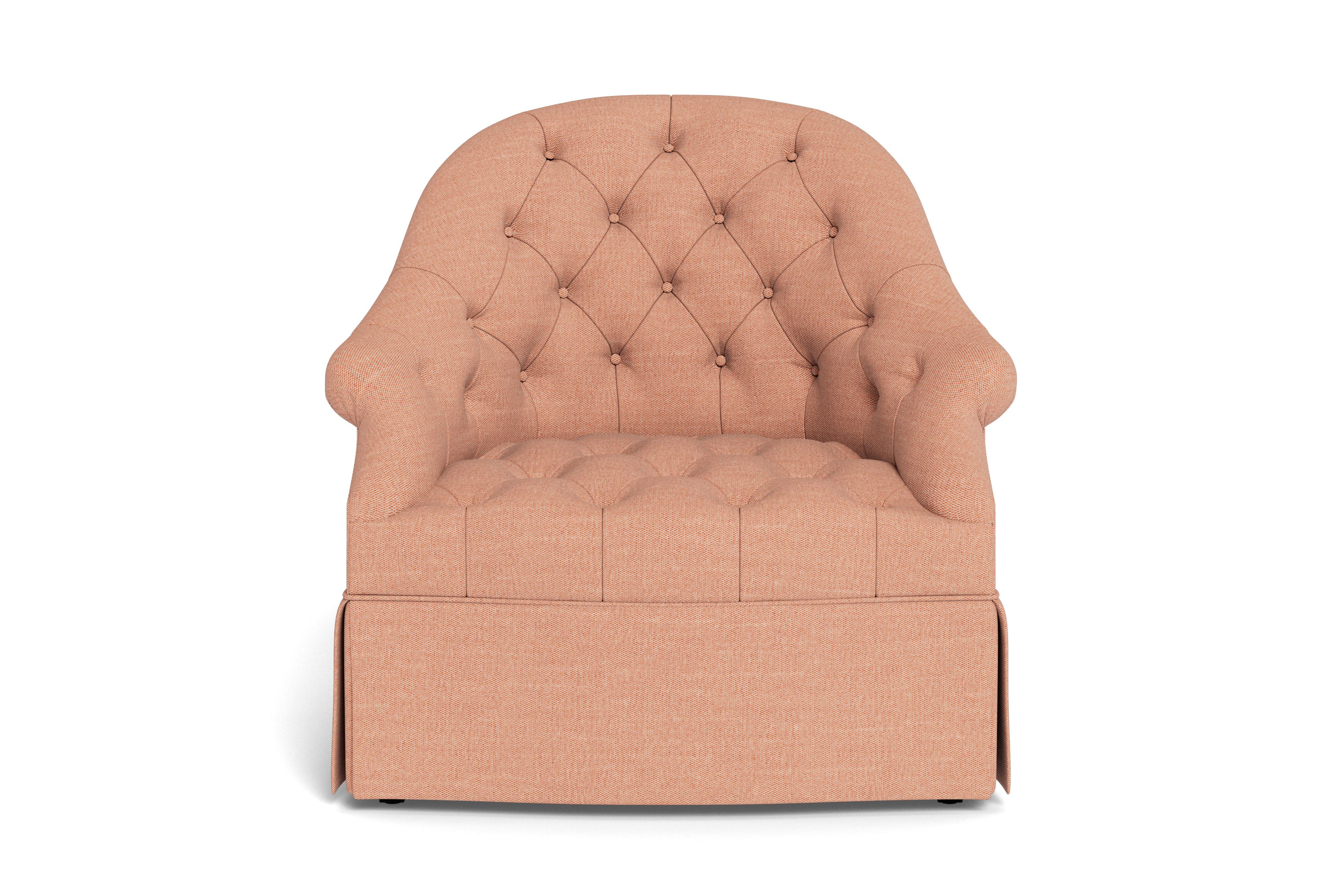 Bunny believes that every room should showcase a mix of upholstery with legs and with skirts to add texture and interest. You'll find it hard to resist its soft embrace, thanks to the curved barrel-shaped hardwood frame. The tufted upholstery is