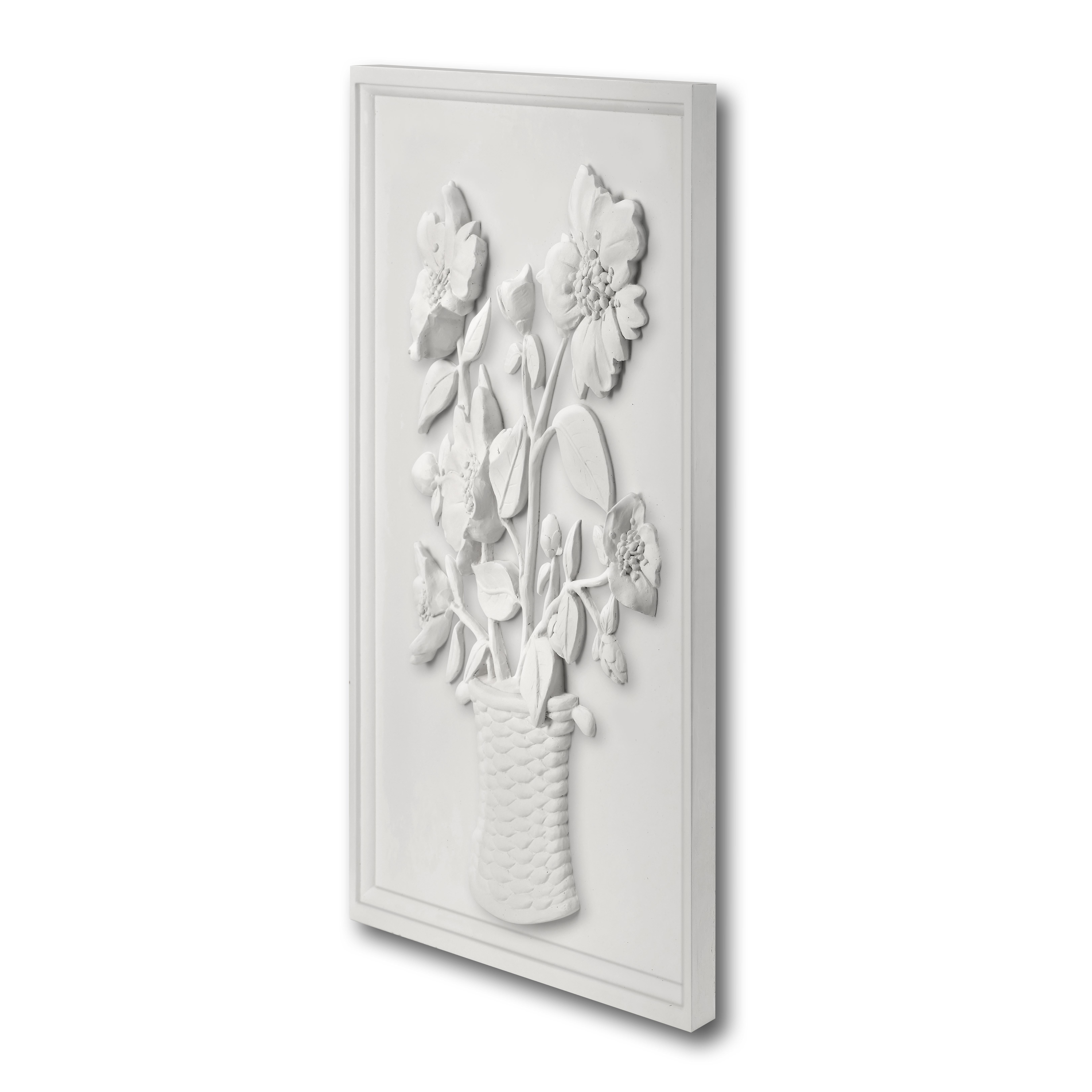 A woven cachepot holding an effervescent group of poppies is the focus of this 18” x 18” relief plaster panel, cast in New York, and perfectly scaled to be used alone or as part of wall group with our other plaster panels.  Handcrafted in the USA. 