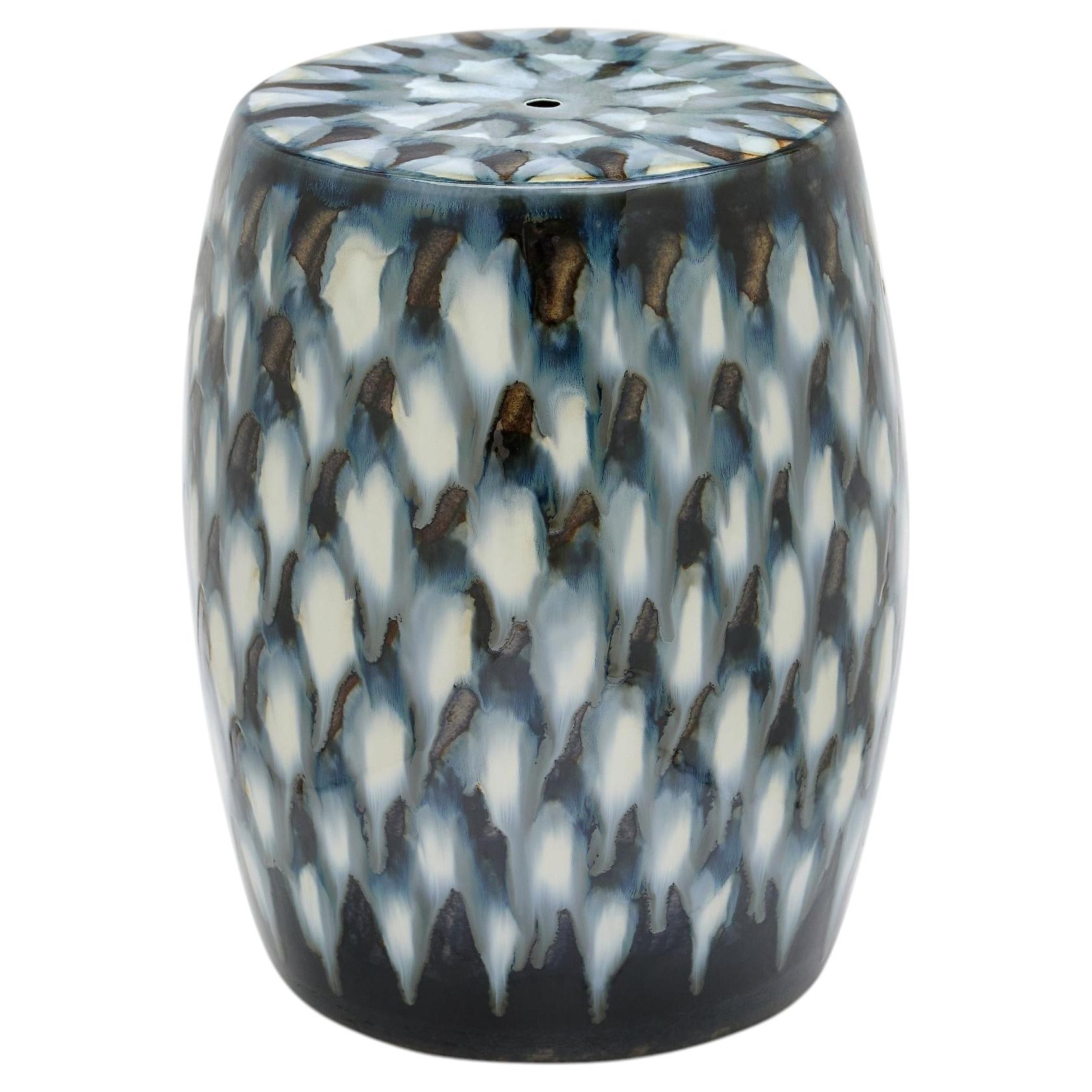 Bunny Williams Pheasant Feather Garden Stool, Blue Glaze Ceramic For Sale