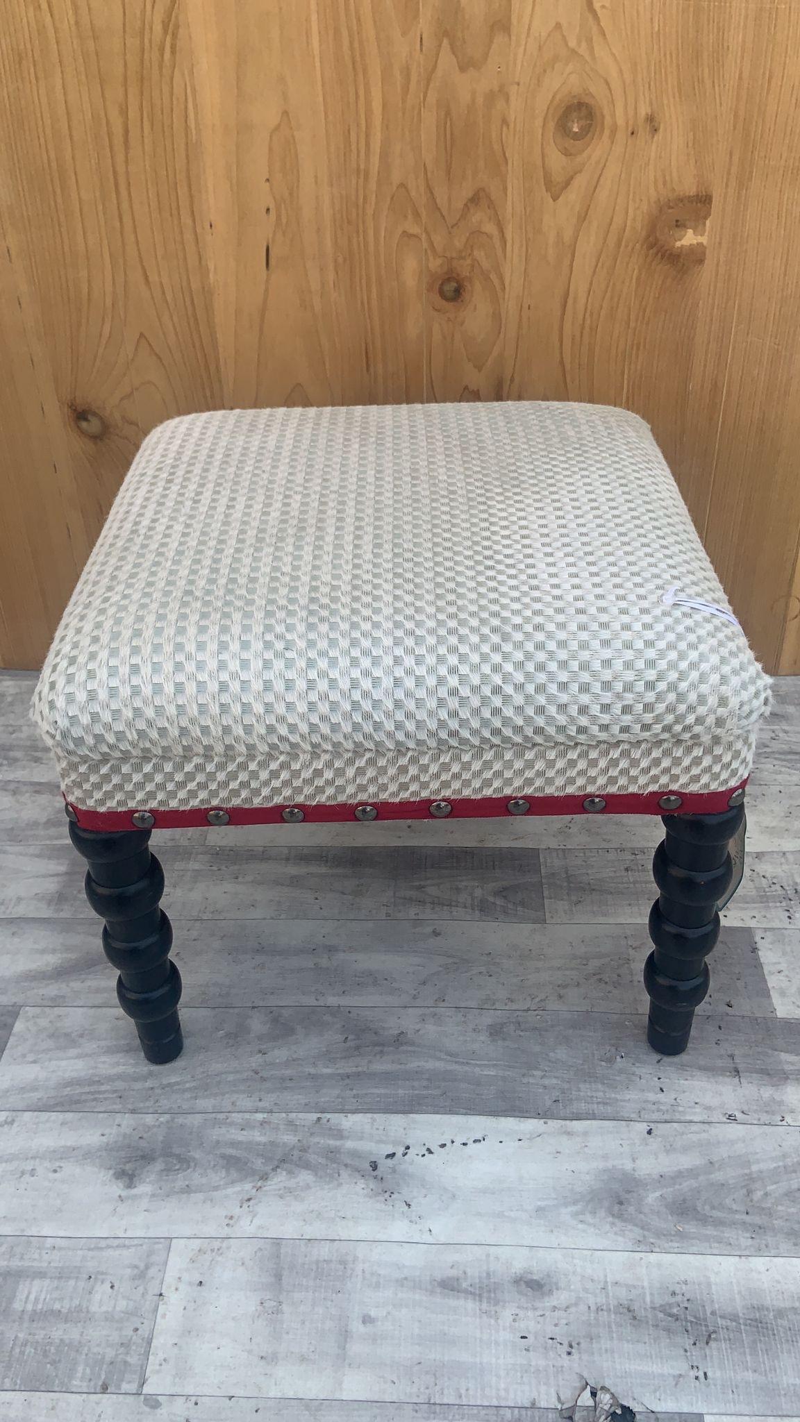 Hand-Crafted Bunny Williams Red Tape Stool in Natural Woven Cowhide with Ebony Legs For Sale