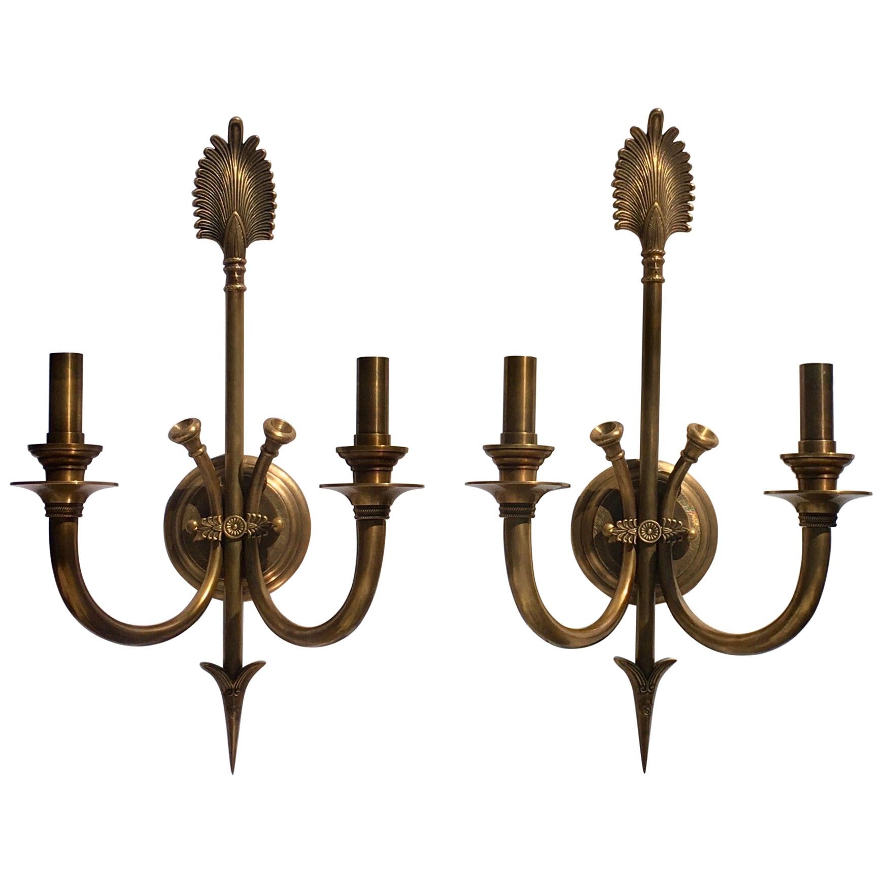 Bunny Williams Vintage Brass Plume and Arrow Classic Wall Sconce Lights, Pair