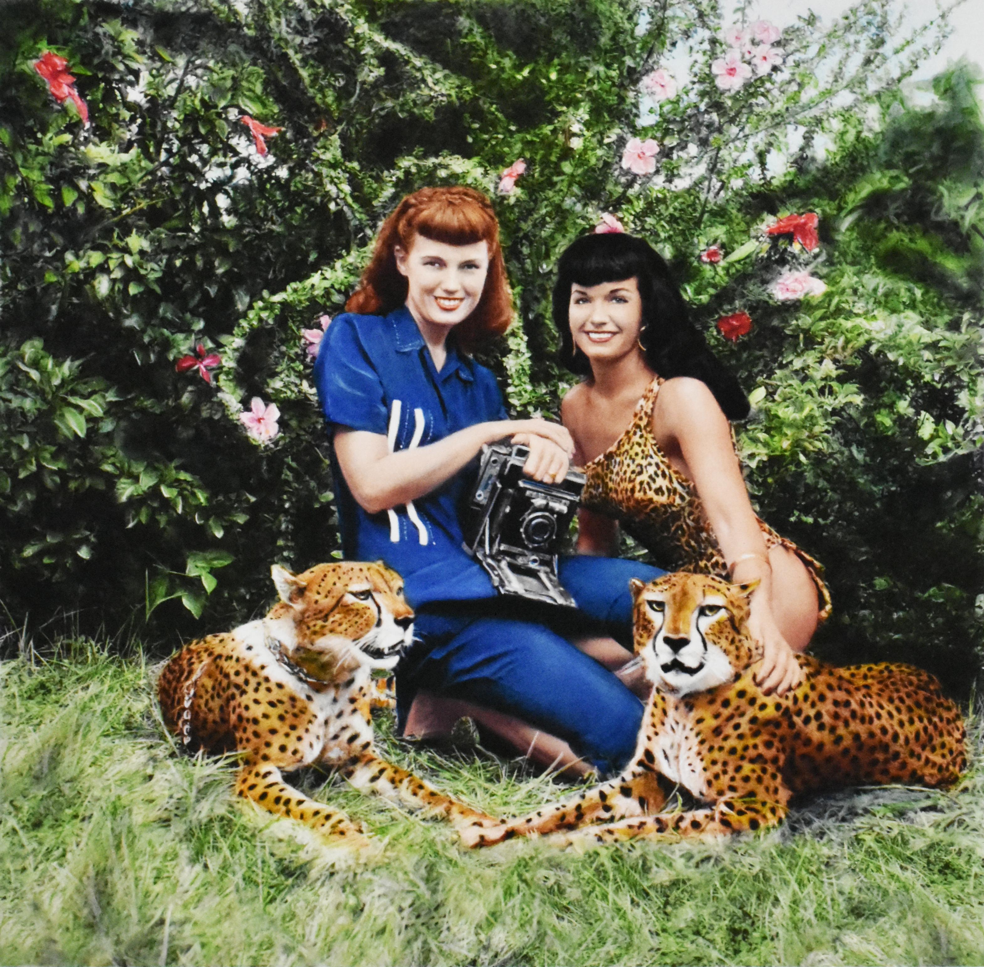 Bettie Page and Cheetahs at Africa USA, Boca Raton, Florida, 1954 - Photograph by Bunny Yeager