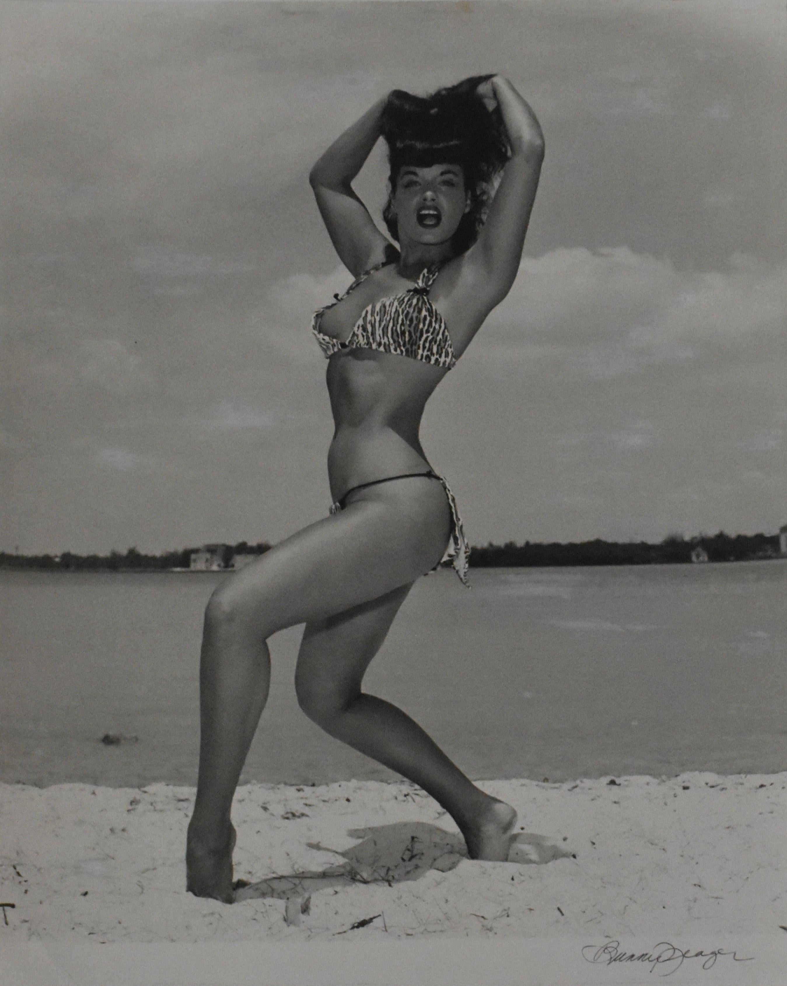 Bettie Page ‘Two-Piece Leopard Print Suit', Key Biscayne, FL, 1954 - Photograph by Bunny Yeager