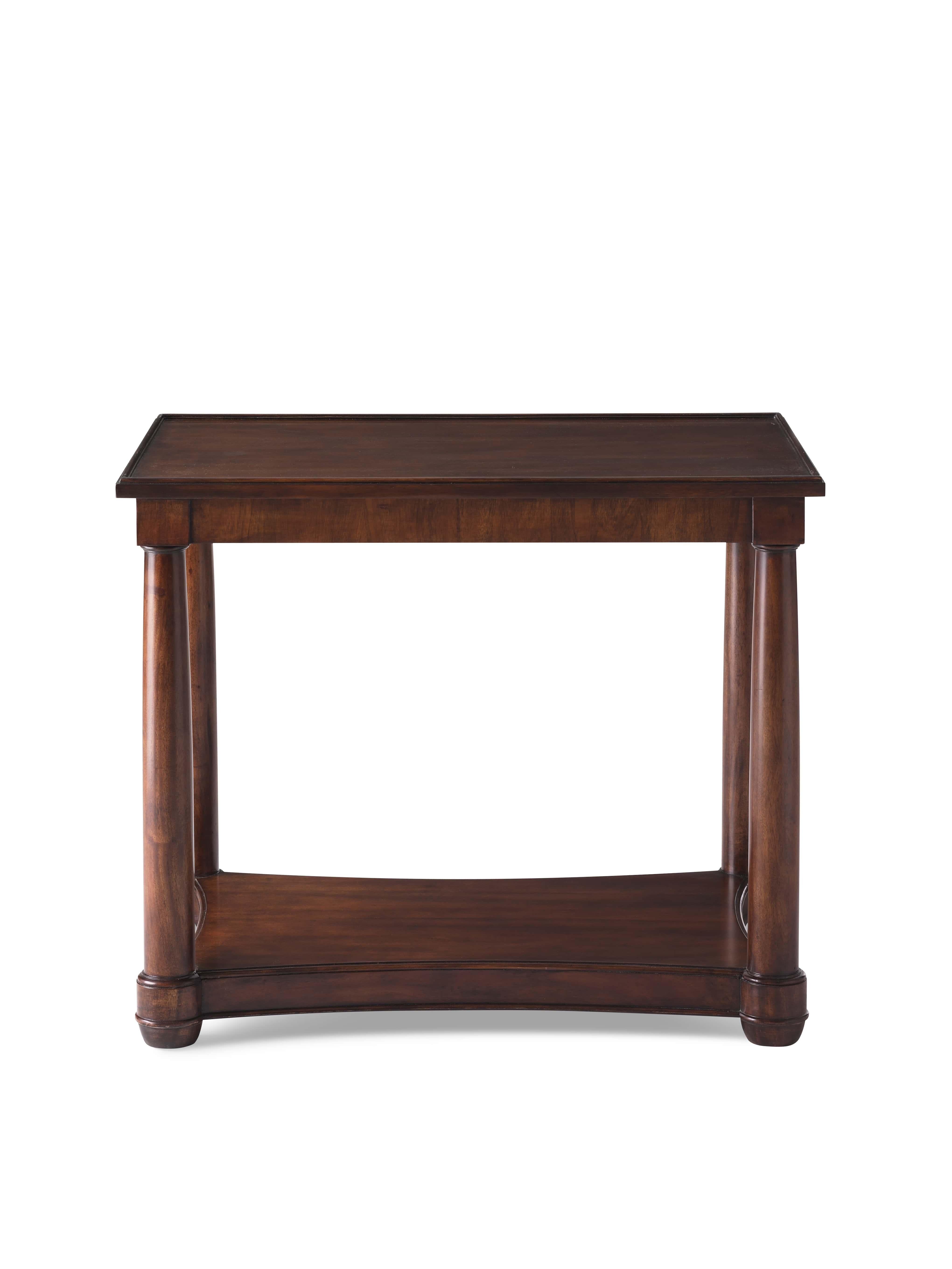 This gentlemanly-proportioned side table is well suited to flank a larger, more grandly scaled sofa. A shaped bottom shelf adds extra storage, and would even work as an alternative to a large bar cart. Available in a medium mahogany painted finish. 