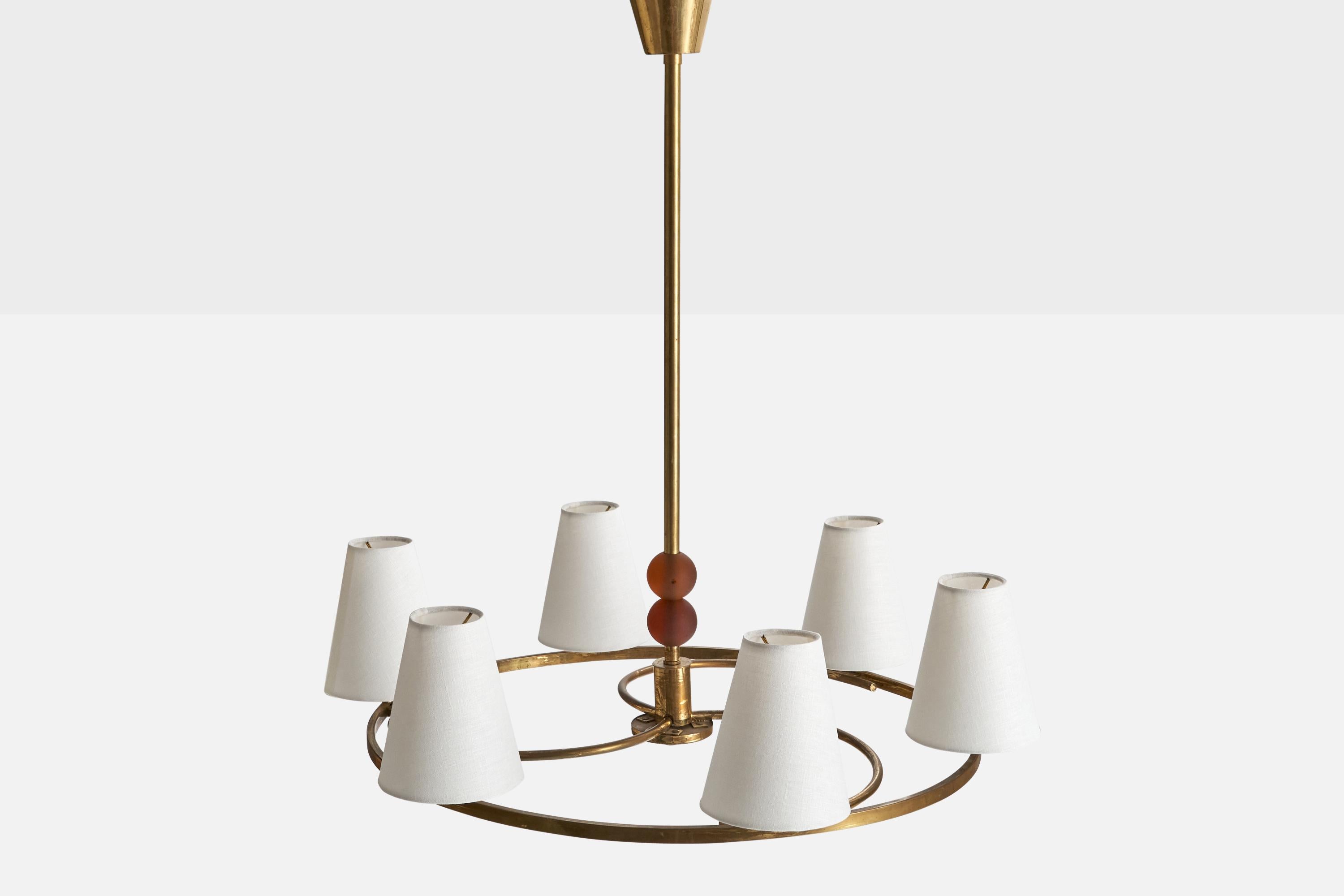 Early 20th Century Bünte & Remmler, Chandelier, Brass, Glass, Fabric, Germany, 1920s For Sale