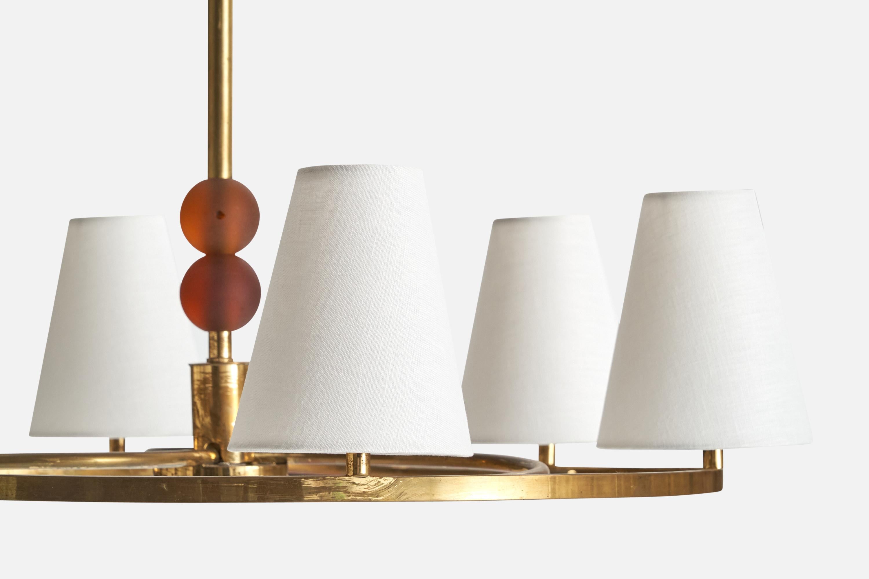 Bünte & Remmler, Chandelier, Brass, Glass, Fabric, Germany, 1920s For Sale 2