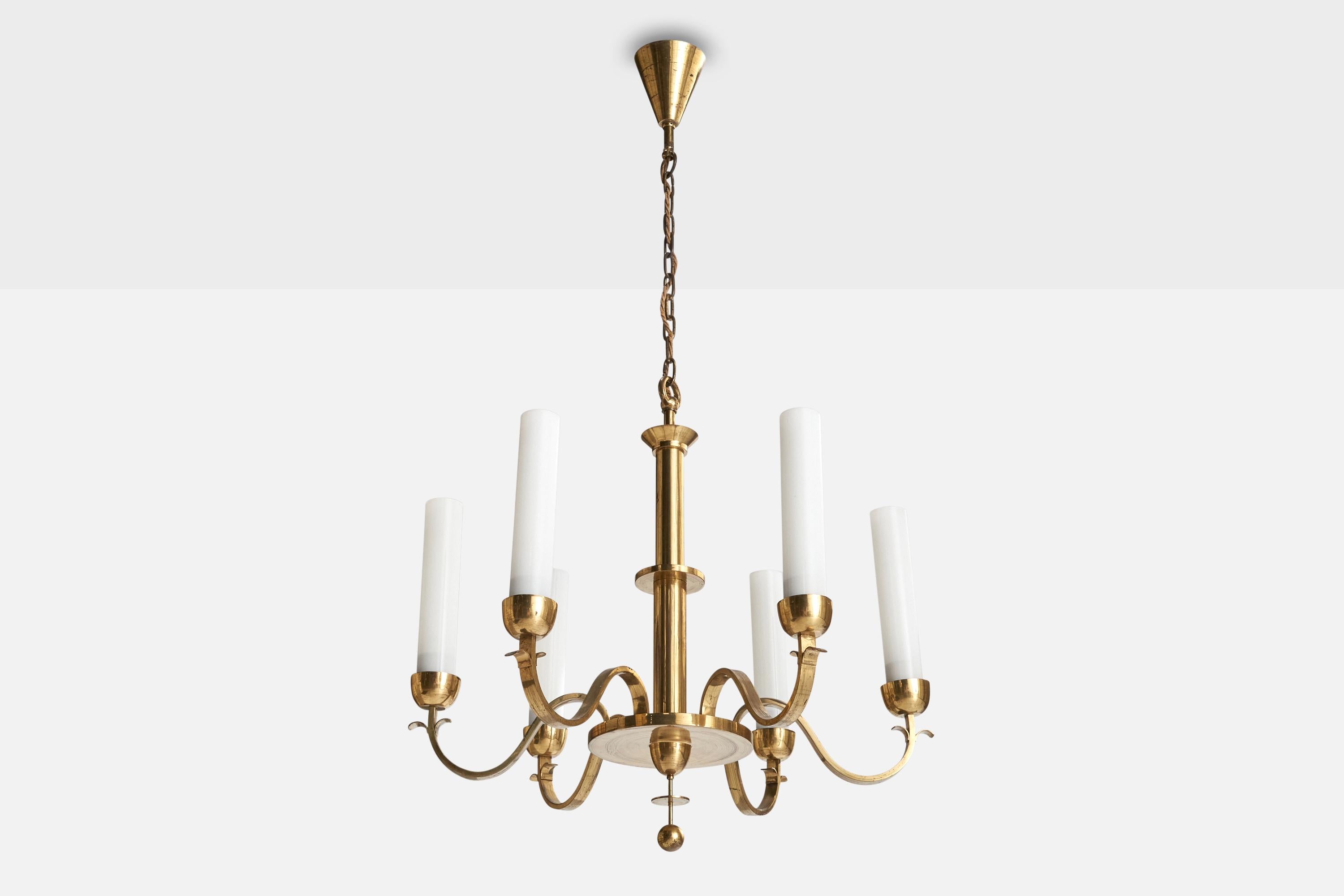 A brass and white opaline glass chandelier produced by Bünte & Remmler, Germany c. 1928.

Overall Dimensions (inches): 47” H x 27.25” Diameter

Dimensions of Canopy:  4.5” H x 4.25” W x 4.25” D

Bulb Specifications: E-26 

Number of Sockets: 6

All
