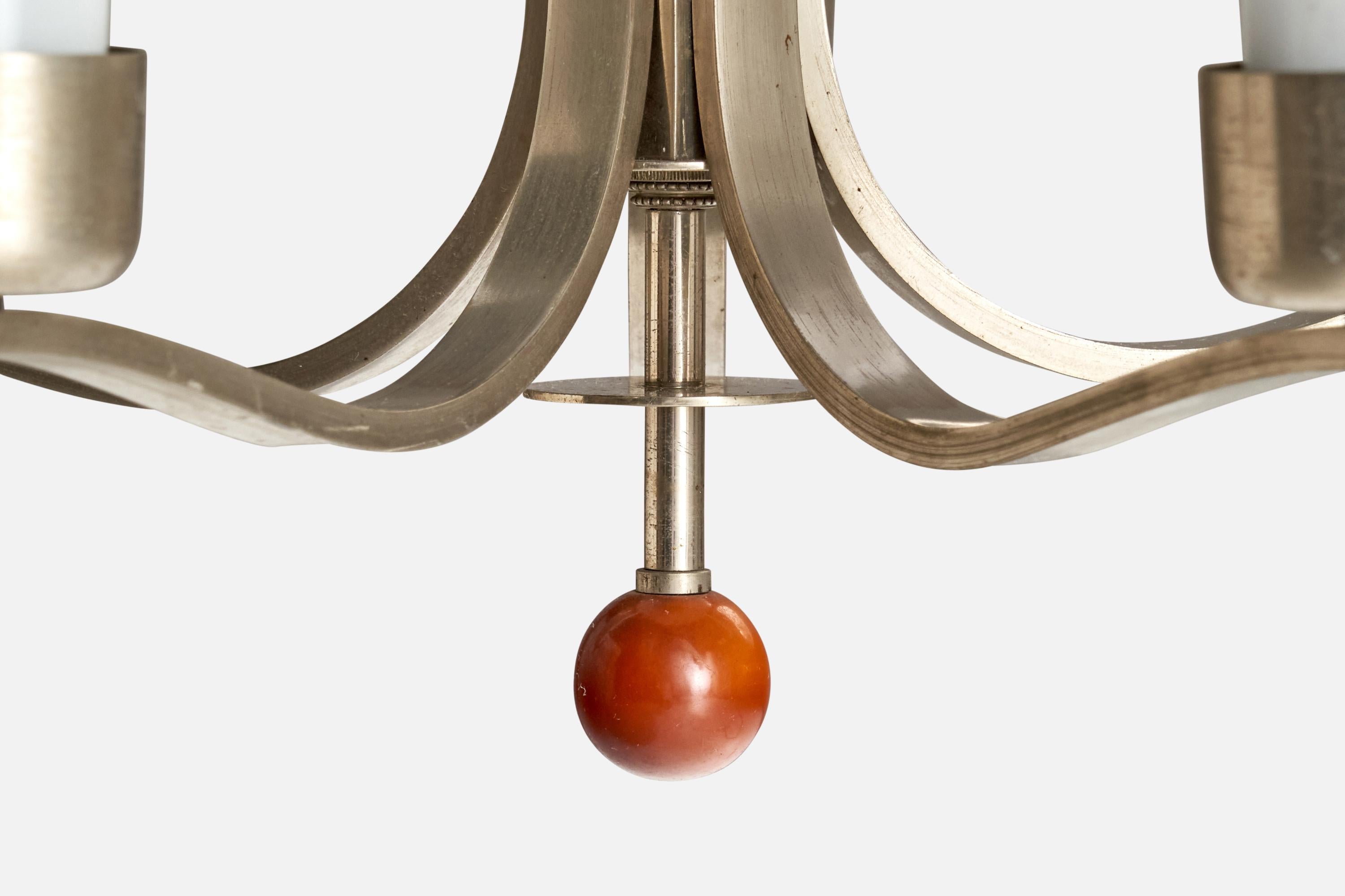 Bünte & Remmler, Chandelier, Nickel, Glass, Wood, Germany, 1920s For Sale 6