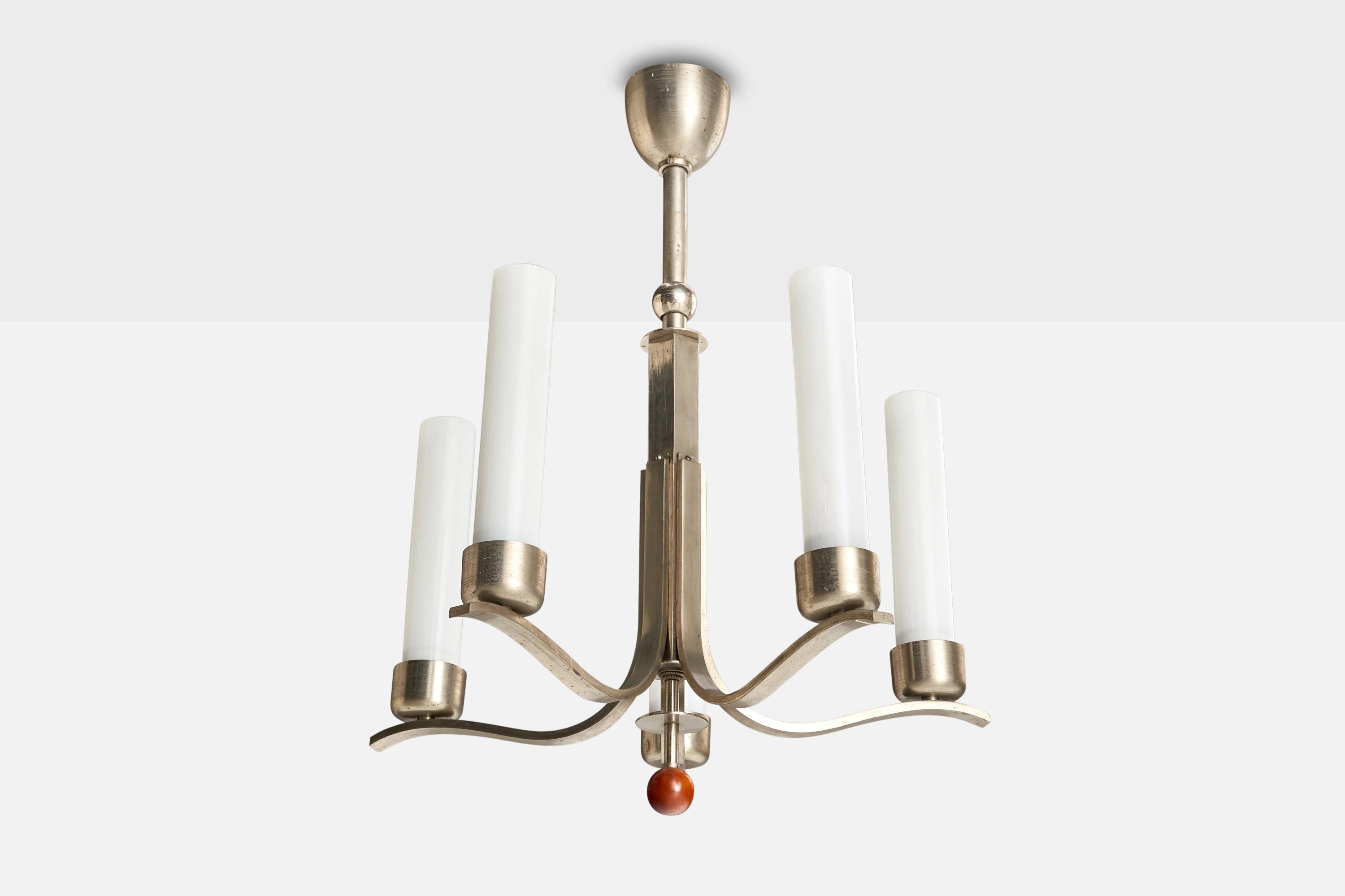 A nickel, wood and white opaline glass chandelier produced by Bünte & Remmler, Germany c. 1928.

Overall Dimensions (inches): 25” H x 23” Diameter

Dimensions of Canopy:  3.75” H x 3.75” W x 3.75” D

Bulb Specifications: E-26  

Number of Sockets: