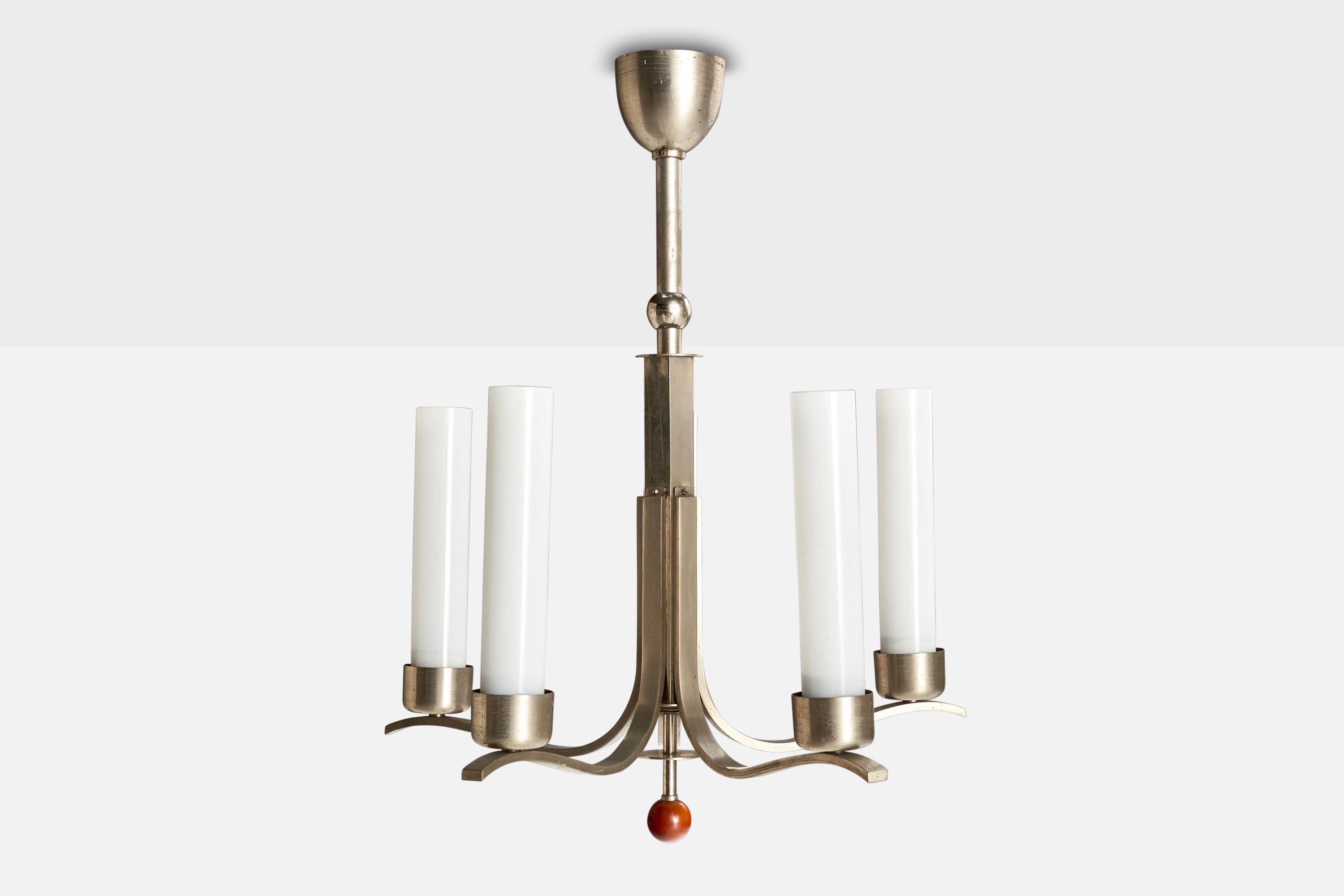 Early 20th Century Bünte & Remmler, Chandelier, Nickel, Glass, Wood, Germany, 1920s For Sale