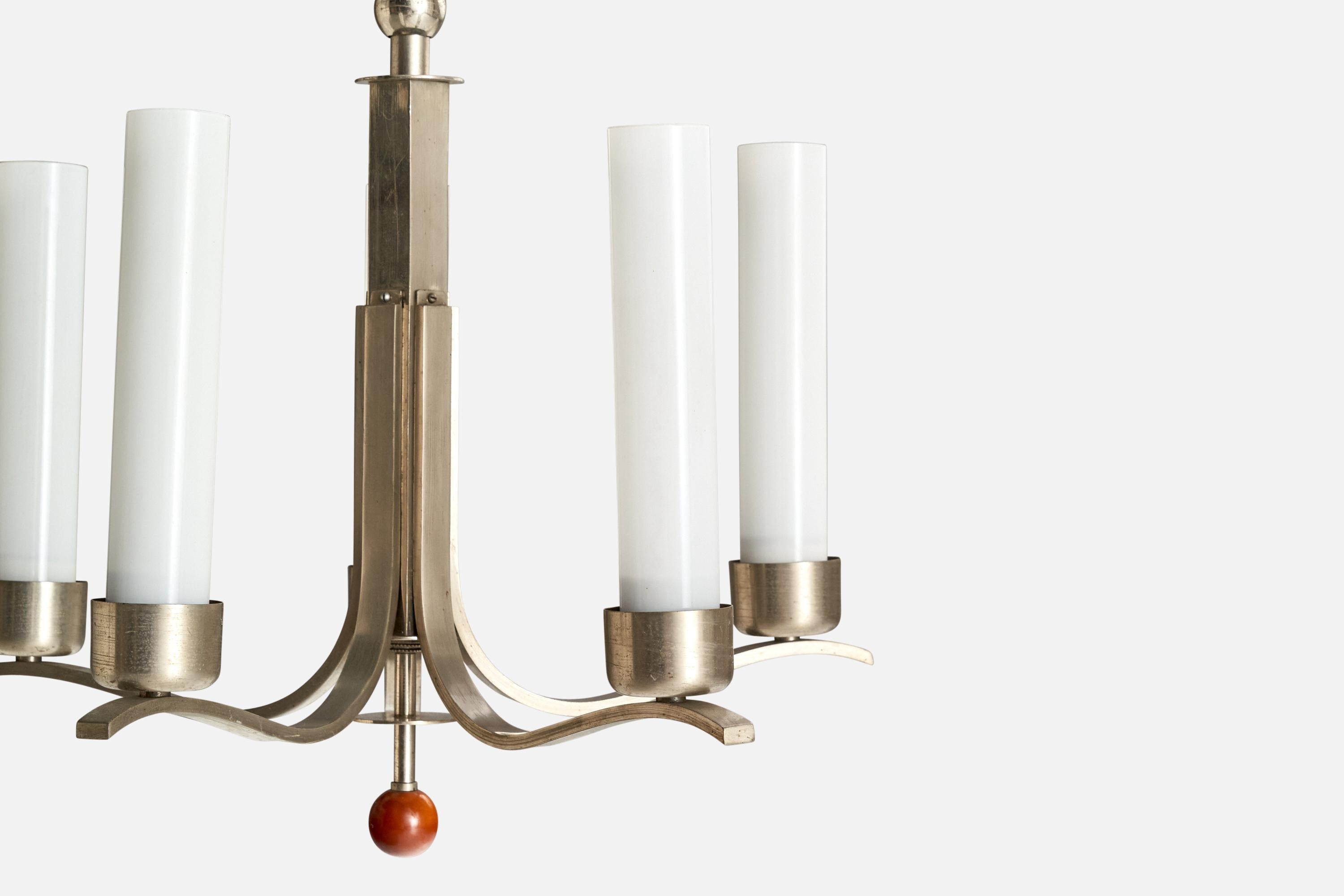 Bünte & Remmler, Chandelier, Nickel, Glass, Wood, Germany, 1920s For Sale 4