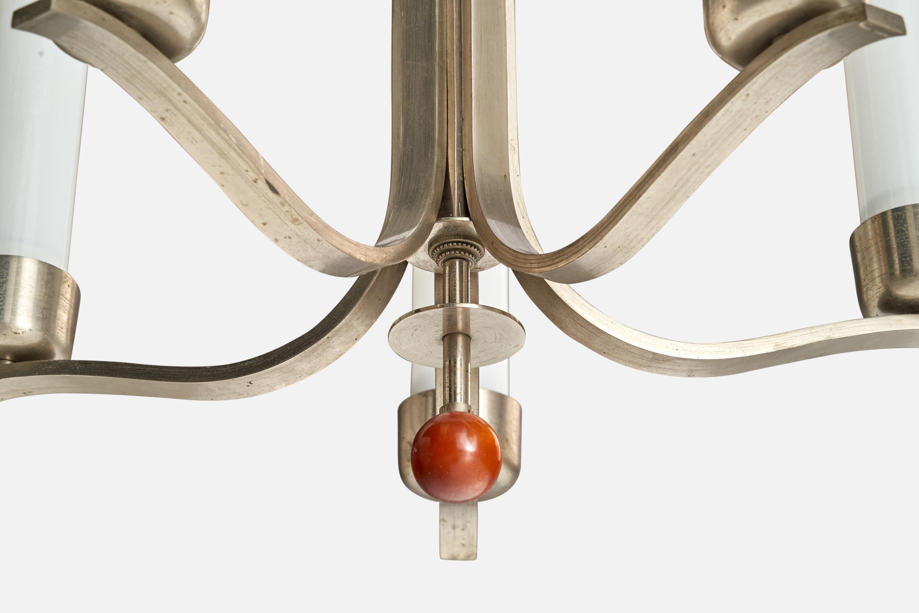 Bünte & Remmler, Chandelier, Nickel, Glass, Wood, Germany, 1920s For Sale 5