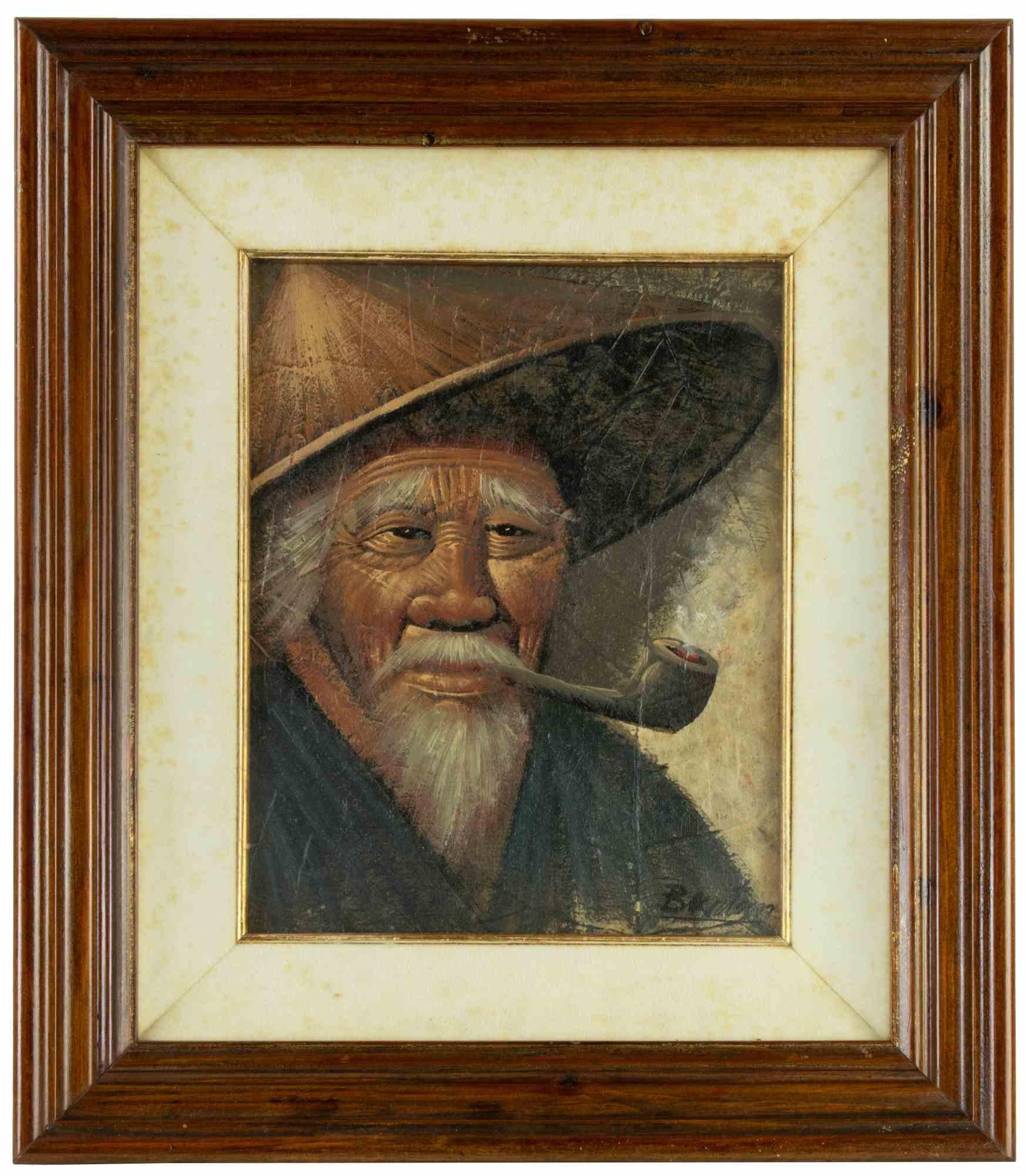 Portrait Painting di Buntoon Brothers - Uomo con pipa - Dipinto dei fratelli Buntoon - Anni '70