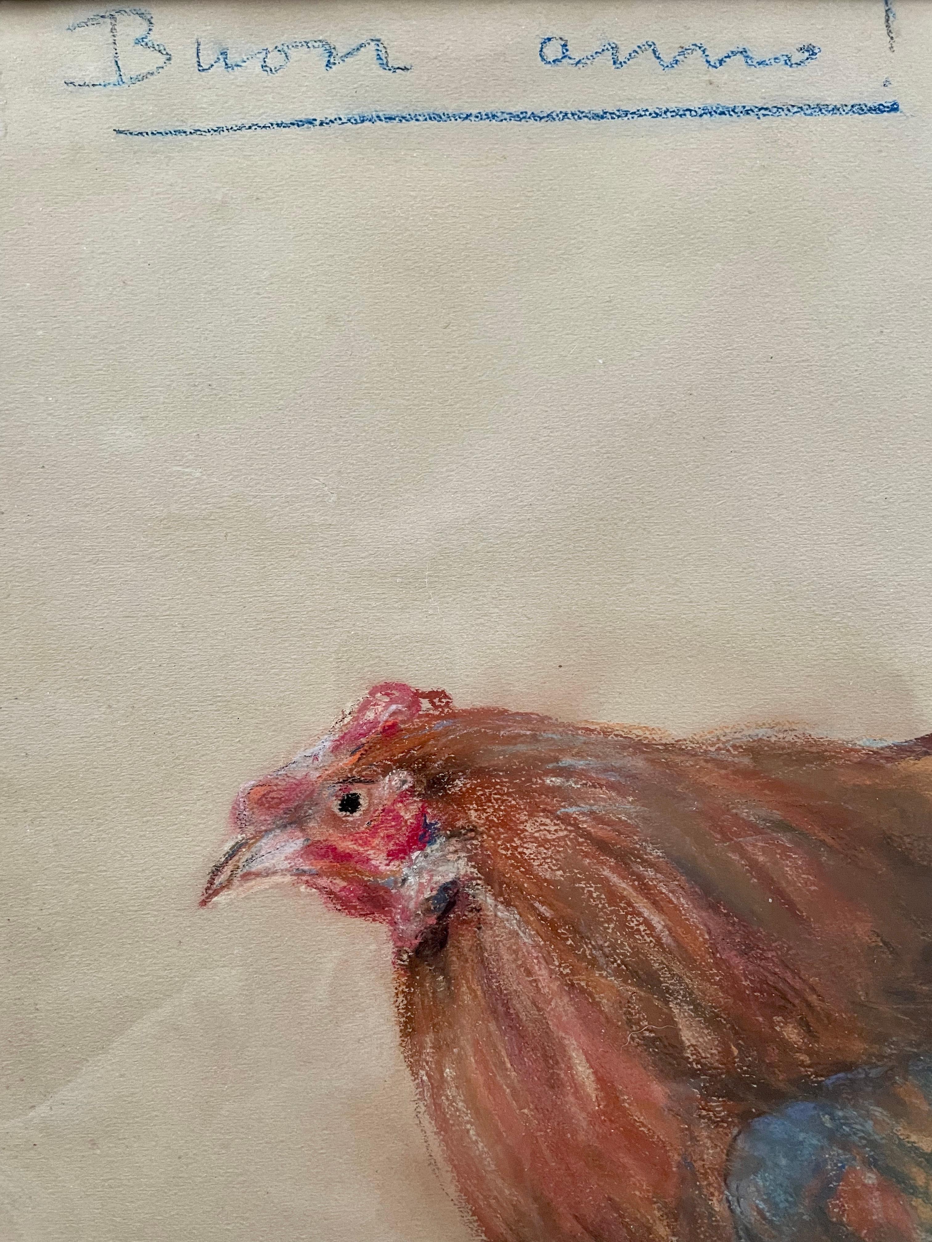 Buon Anno New Year Rooster.  Vintage Italian rooster in colourful pastels on paper in original thin white painted frame. Italy, mid-20th century

Dimensions: 27.5