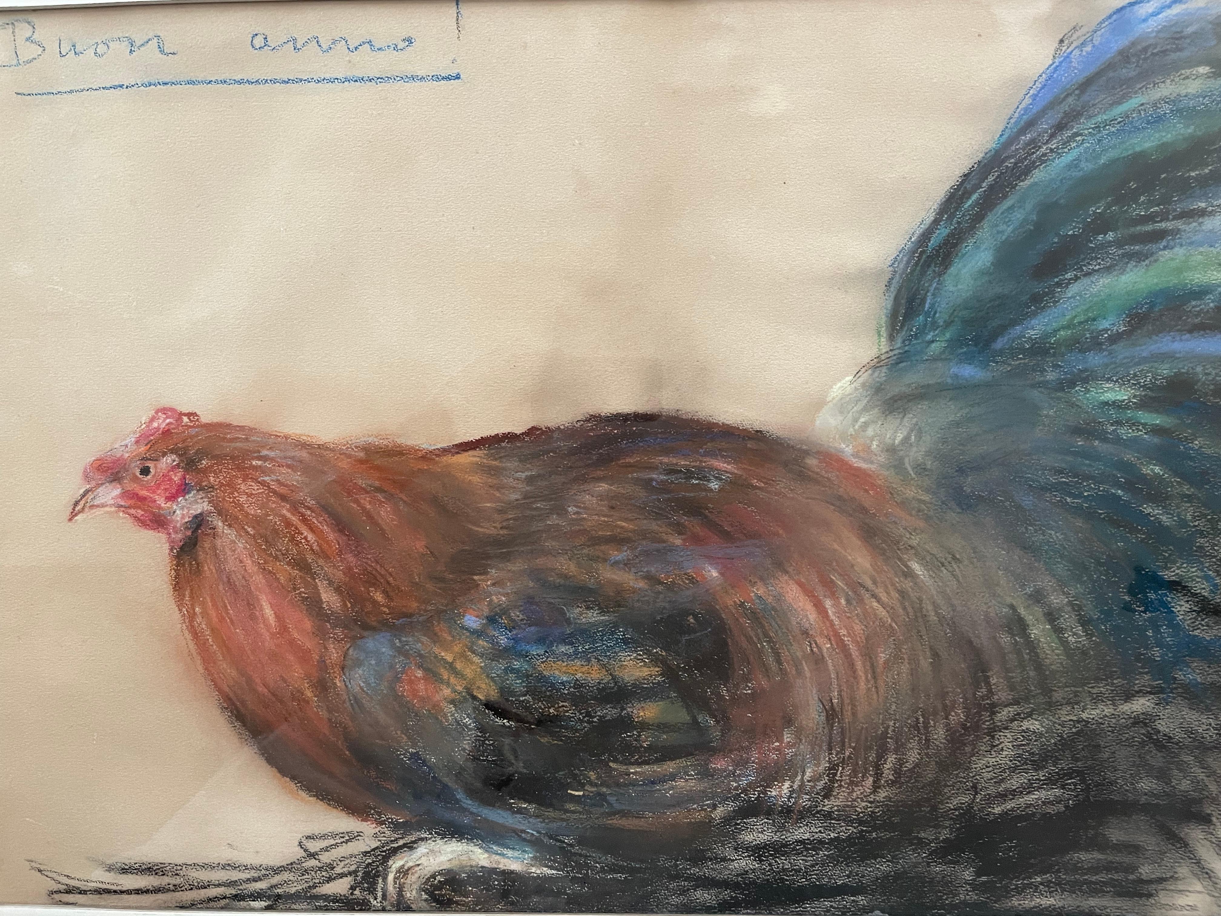 Buon Anno New Year Rooster.  Vintage italienischer Hahn in bunten Pastellfarben auf Papier in originalem dünnem, weiß bemaltem Rahmen. Italien, Mitte des 20. Jahrhunderts

Abmessungen: 27,5