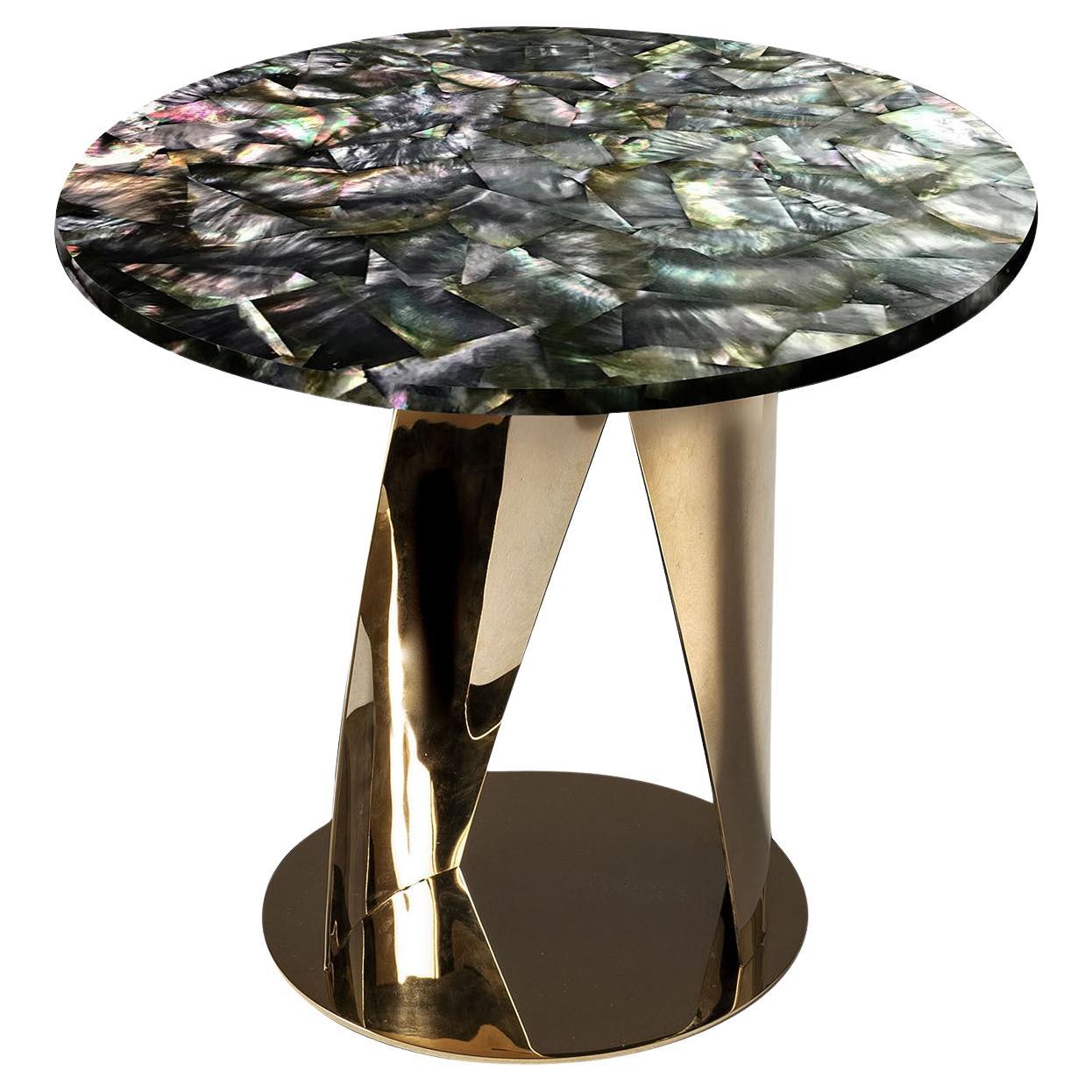 Buonanotte Round Black Nacre & Golden Side Table by Obsydian Stone