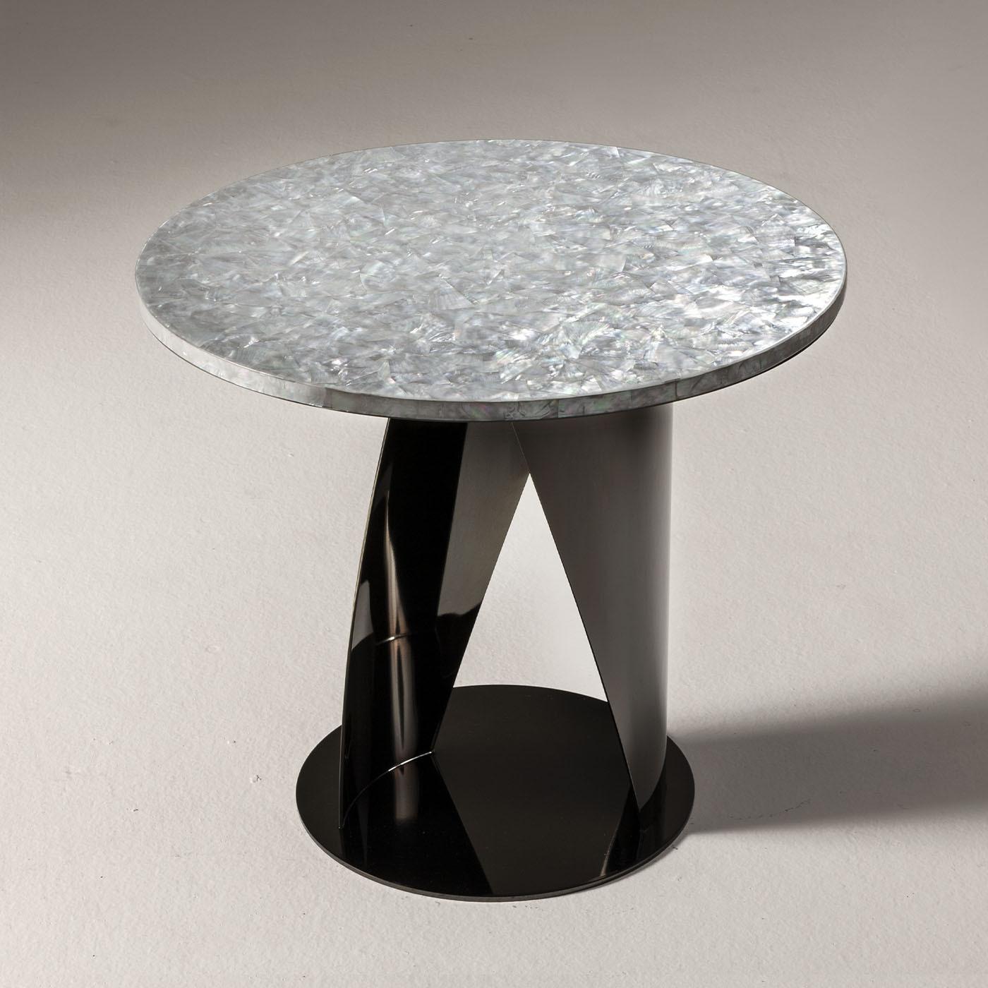 Italian Buonanotte Round Nacre & Gun-Metal Gray Side Table by Obsydian Stone For Sale
