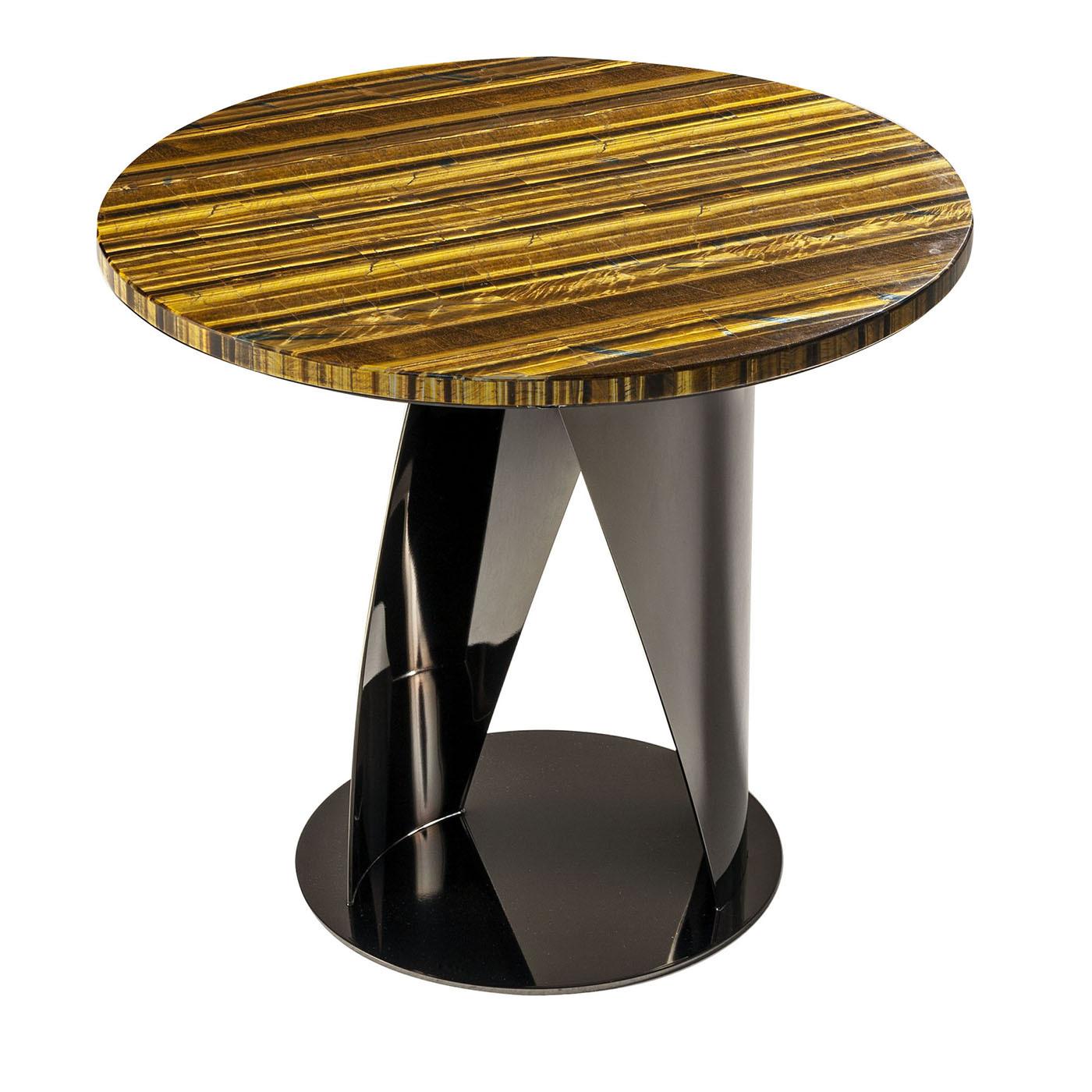 Italian Buonanotte Round Tiger-eye & Gun-Metal Gray Side Table by Obsydian Stone For Sale