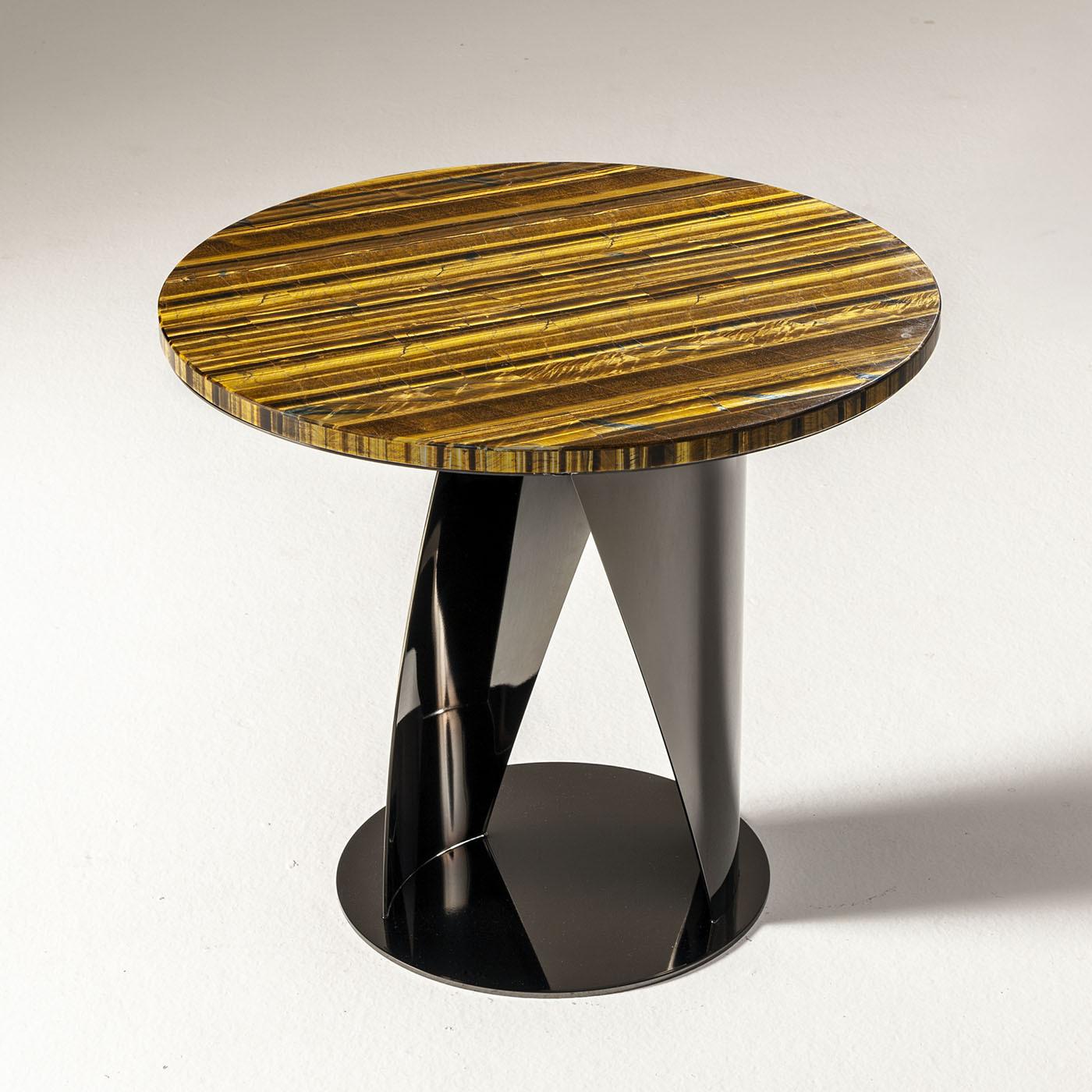 Multi-gemstone Buonanotte Round Tiger-eye & Gun-Metal Gray Side Table by Obsydian Stone For Sale