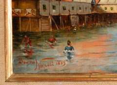 "Napoli 1889", Framed Oil Painting on Wood Panel, Neapolitan Harbor