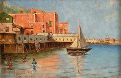 "Napoli 1889", Framed Oil Painting on Wood Panel, Neapolitan Harbor