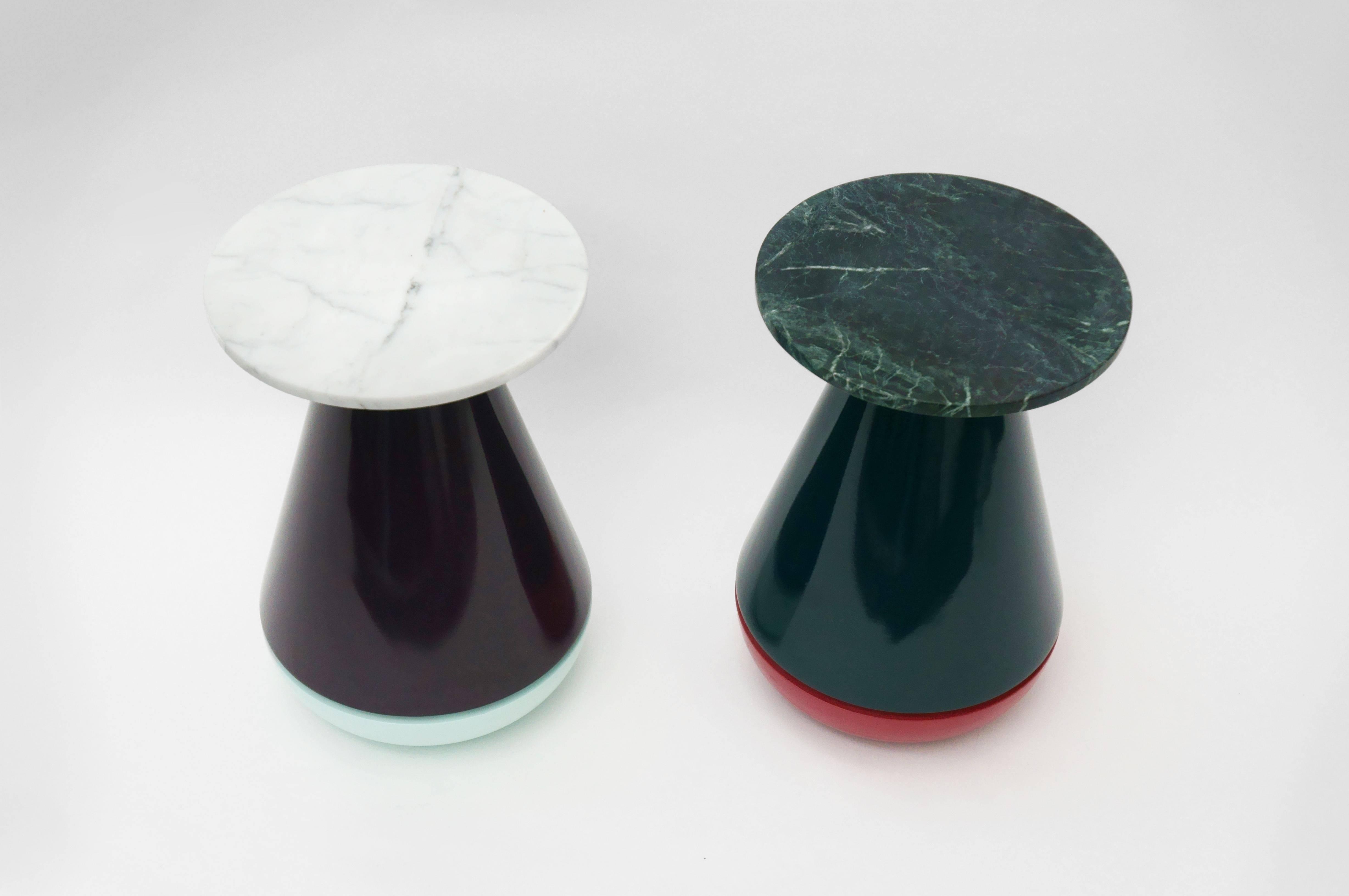 American Buoy Side Tables, Vermont Green or Carrara Marble, Dark Lacquer For Sale