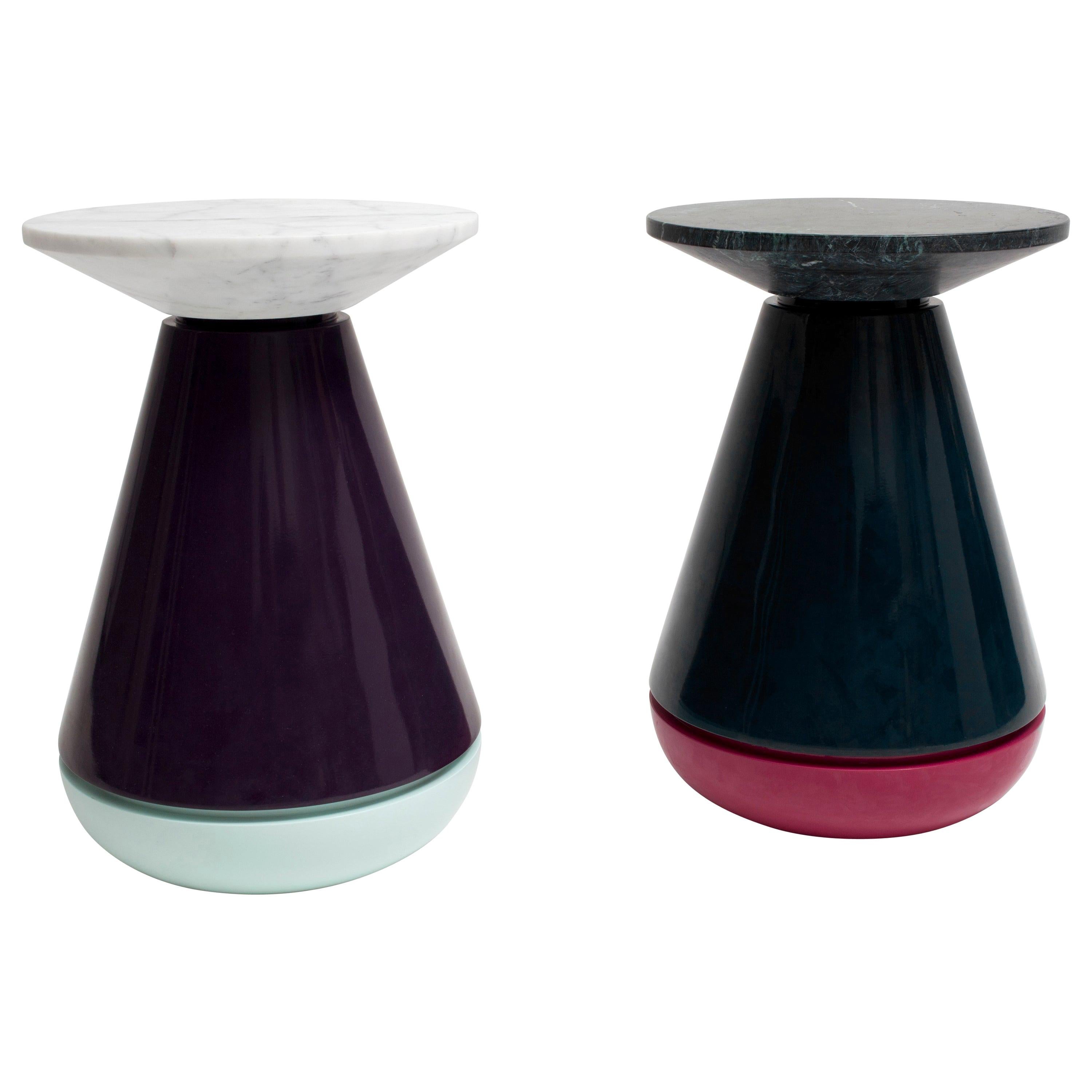 Buoy Side Tables, Vermont Green or Carrara Marble, Dark Lacquer For Sale