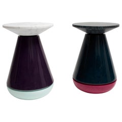 Buoy Side Tables, Vermont Green or Carrara Marble, Dark Lacquer